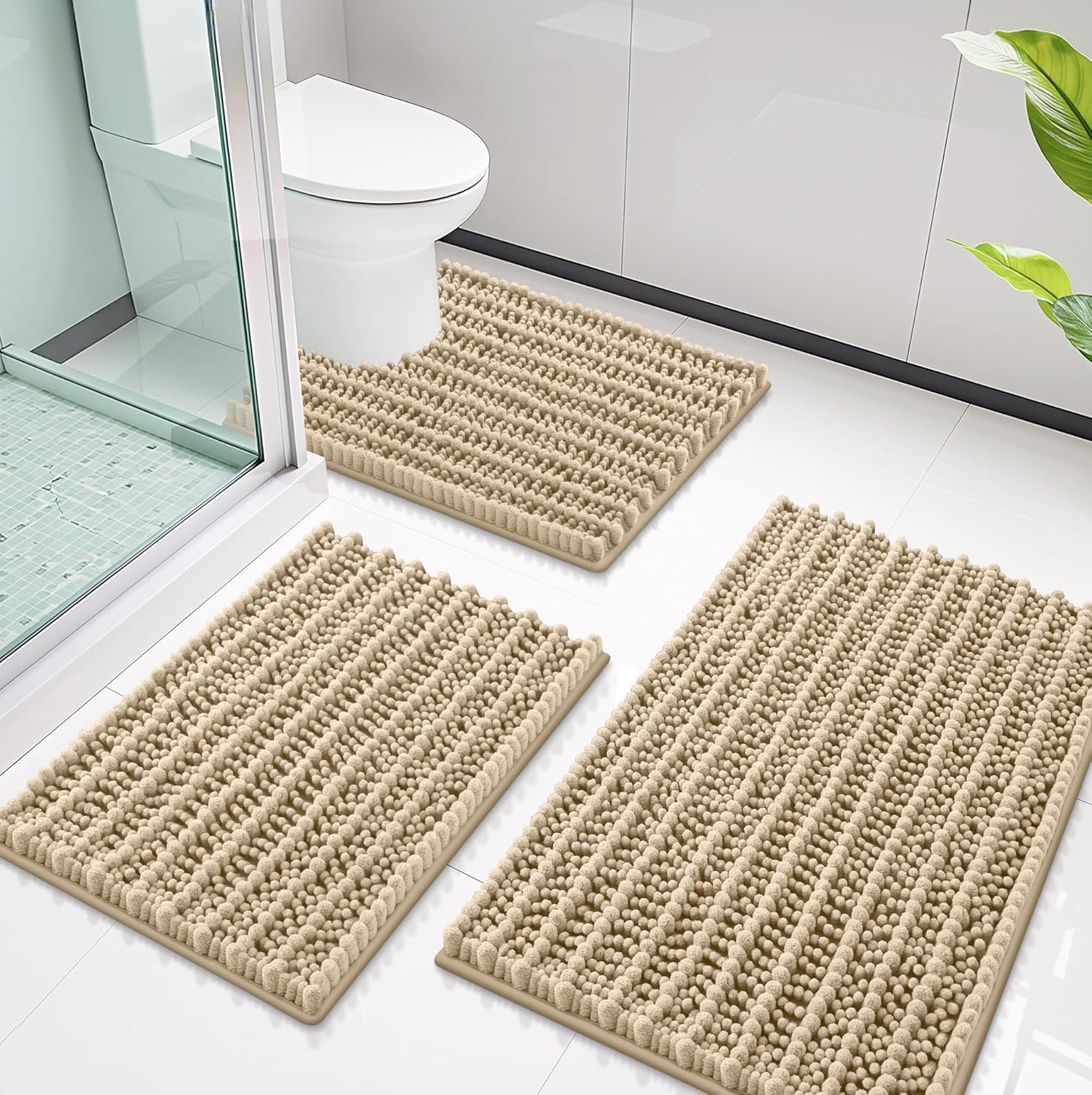 Smiry Bathroom Rugs Sets 3 Piece, Soft Absorbent, Non Slip Rubber Backing Machine Washable Quick Dry Chenille Bath Rug Set for Tub, Shower, and Floor (47"x20"+24"x16"+24"x20", Grey)