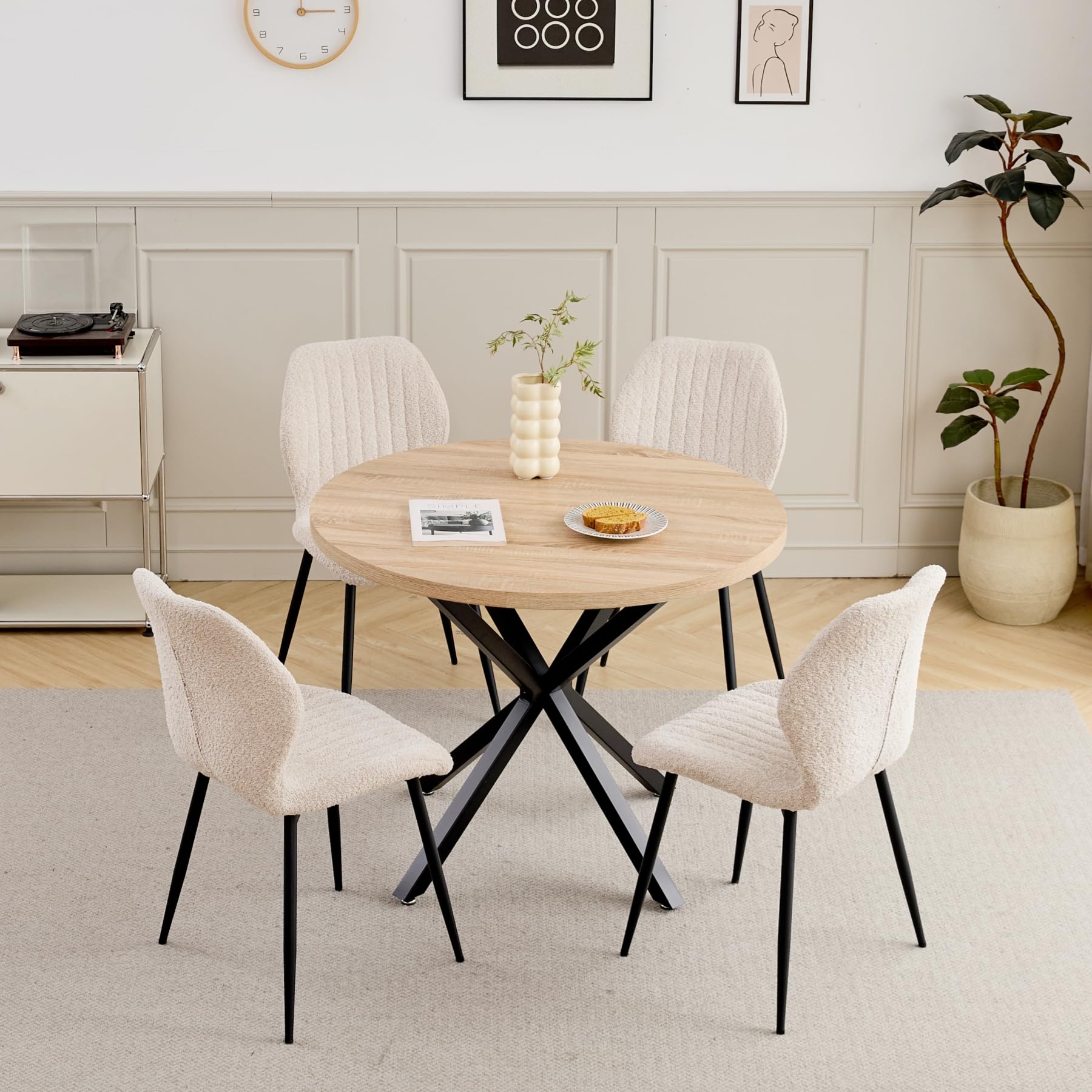 GrandCA HOME Ensemble Table et Chaises à Manger Ronde 100 cm 4 Chaises en Lin Modernes Claire Kaki