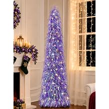5 FT Shaggy Pop Up Christmas Tree with 50 Timer Lights, Purple Collapsible Artificial Tinsel Christmas Pencil Tree for Home Apartment Office Holiday Party Decor, Easy Assembly