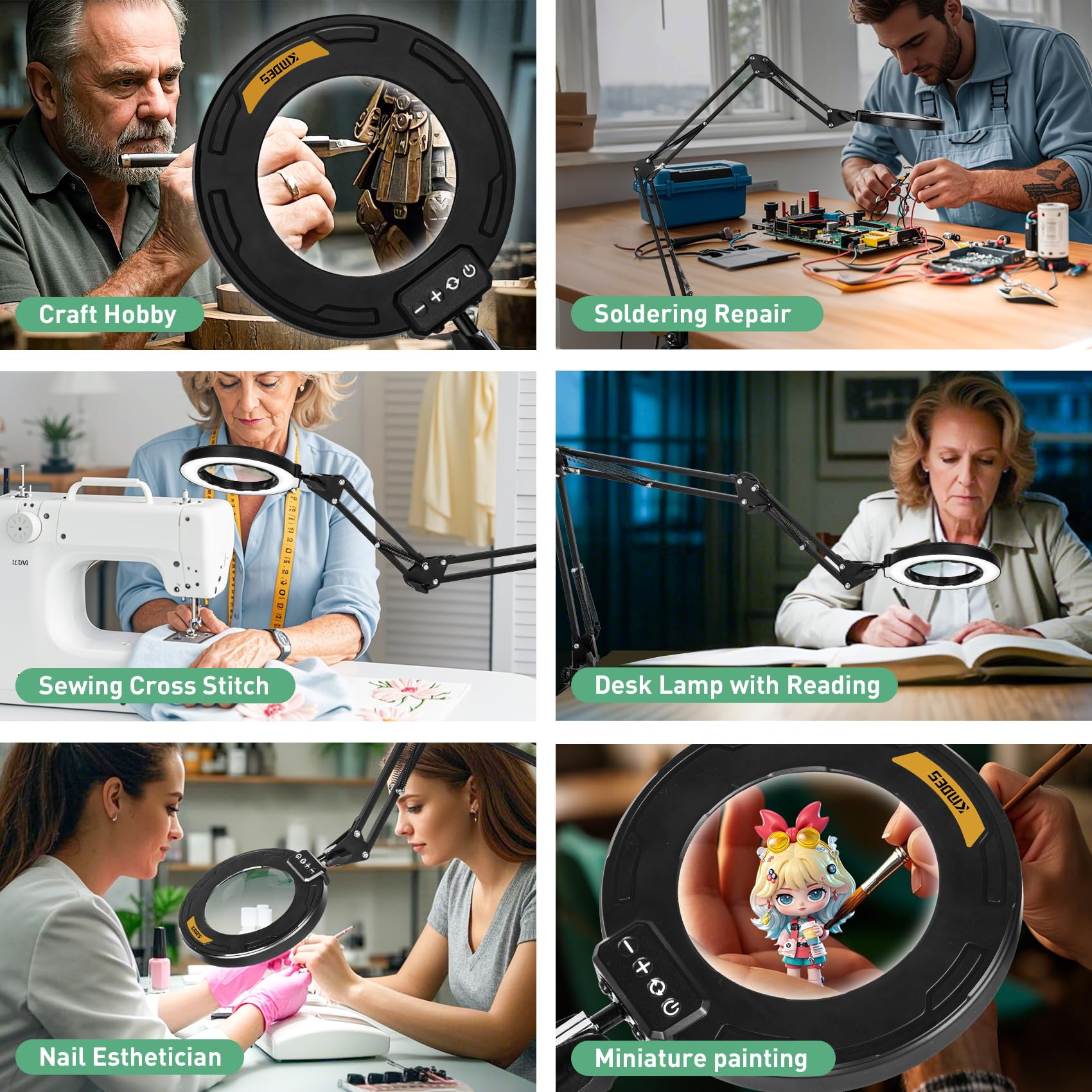 Loupe avec lumière, 5 couleurs et luminosité LED avec grande pince, 3 bras pivotants avec lumière et support pour établi, artisanat, lecture et peinture