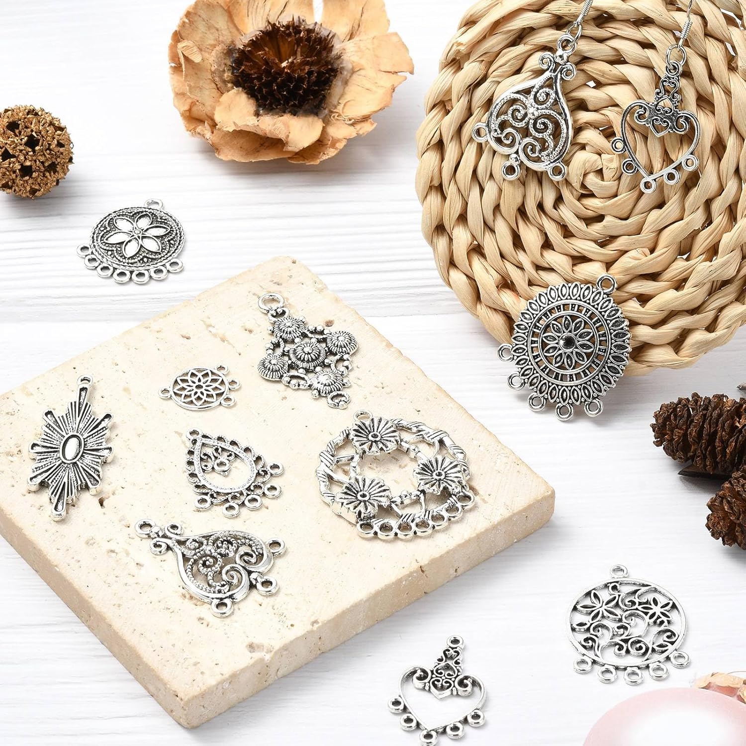 KitBeads 40Pcs 10 Styles Tibetan Chandelier Charms Antique Chandelier Components Links Teardrop Oval Connector Charms for Jewelry Making Bracelets Necklaces Bracelets - Image 6