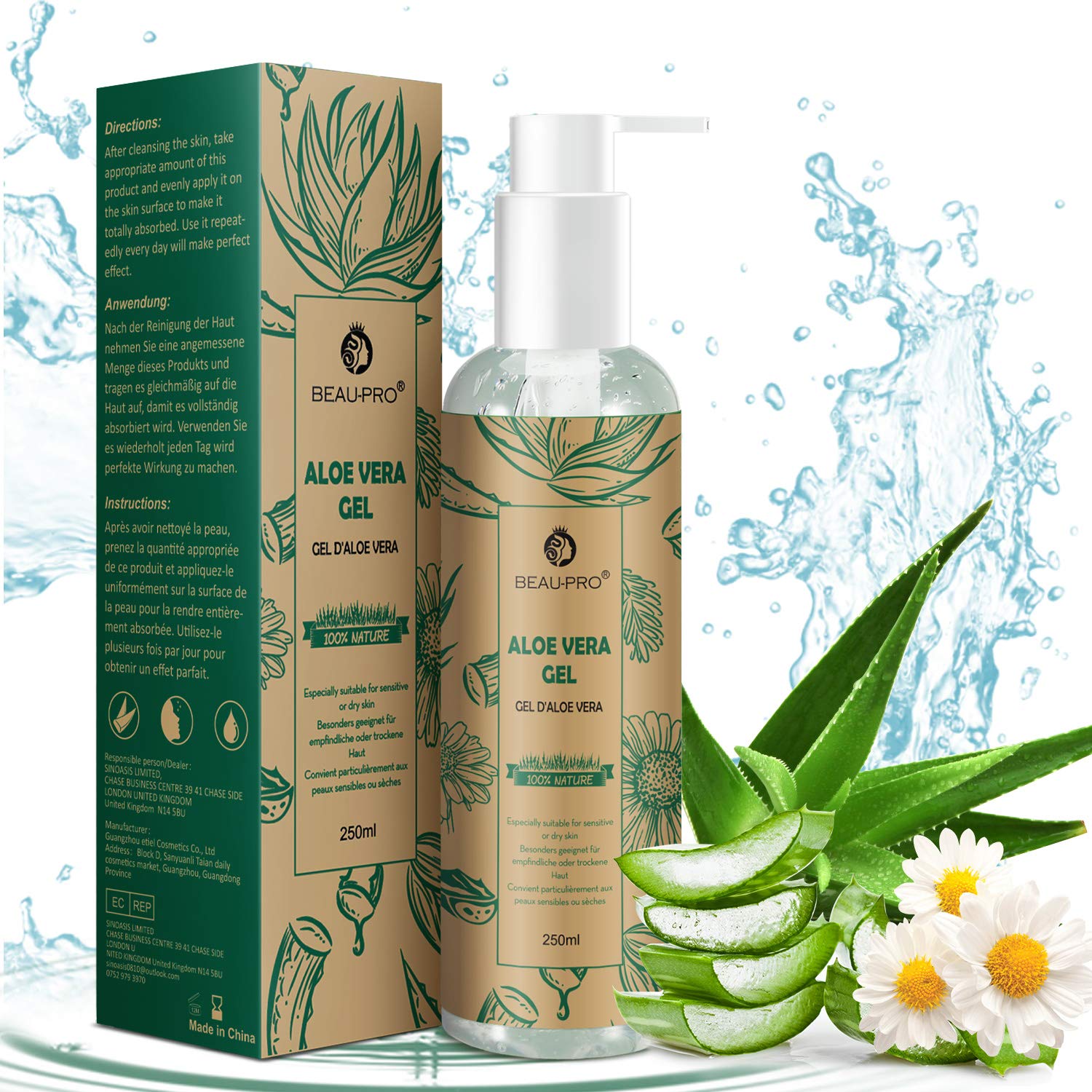 Aloe Vera Gel [8.83 oz] with Chamomile, Soothing Redness and Swelling, Sunburn Relief, Acne, Dry Skin Hydration, for Hand, Foot, Hair Aftershave, Skin Care