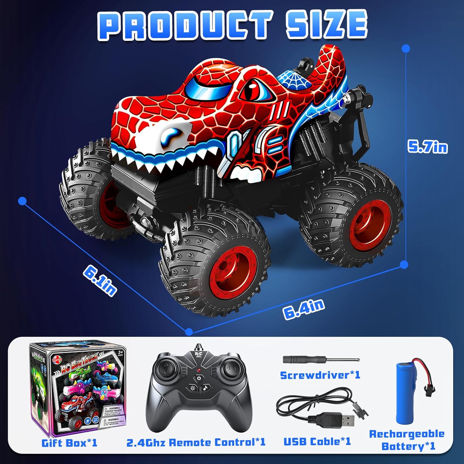 Remote Control Monster Truck, 2.4Ghz Spider Rc Monster Truck Toys Rchargeable Kids Cars Vehicle with Musics, Lighting Effect, 360°Stunts Rc Spider Toys Birthday Gifts for Boys 3 4 5+ - Image 6