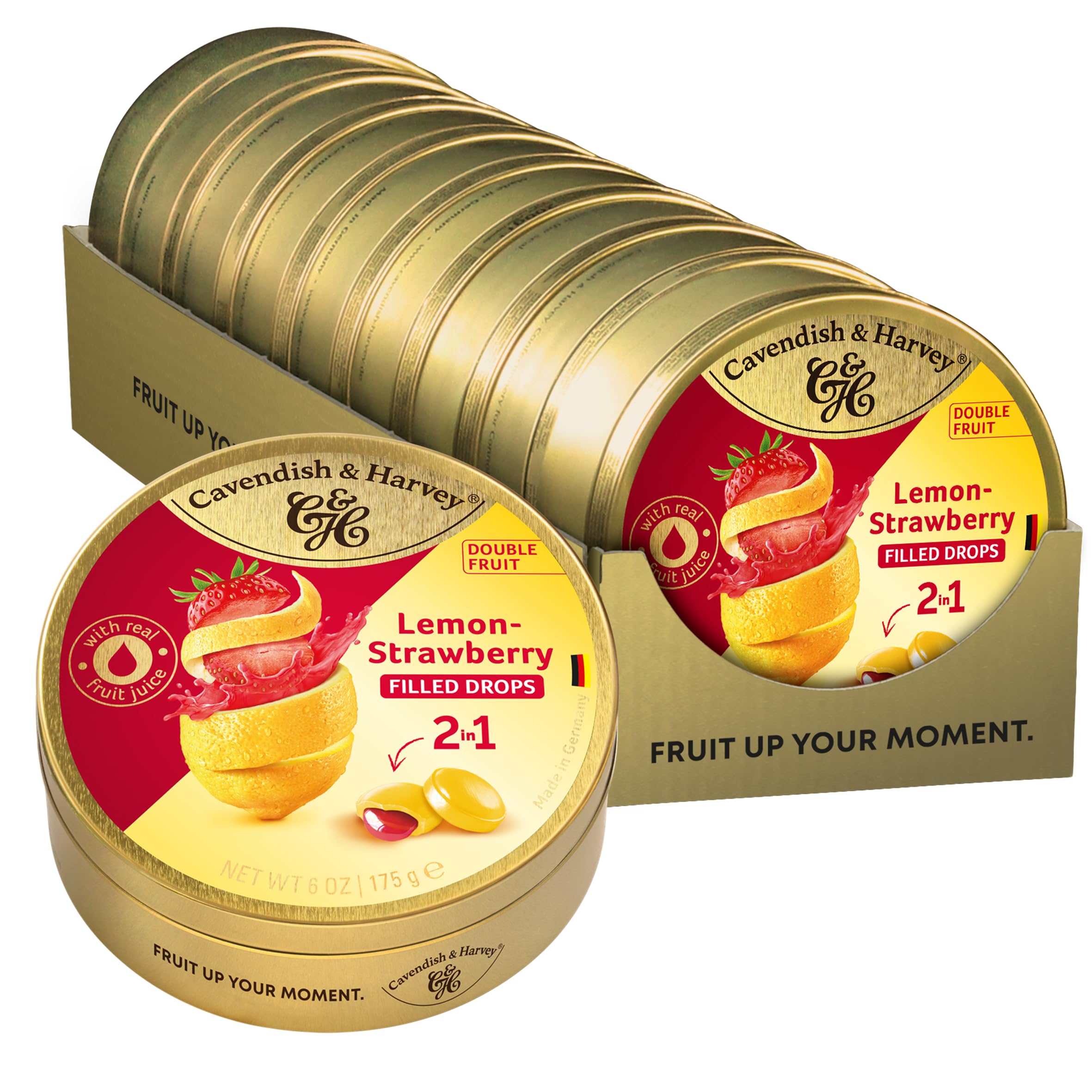 Cavendish & Harvey Double Fruit Drops Lemon Strawberry 9 x 175g Dose Vorratspack | Zitrone mit Erdbeerfüllung | Gefüllte Fruchtbonbons | Vegan, Halal, Koscher | 9 x 175g