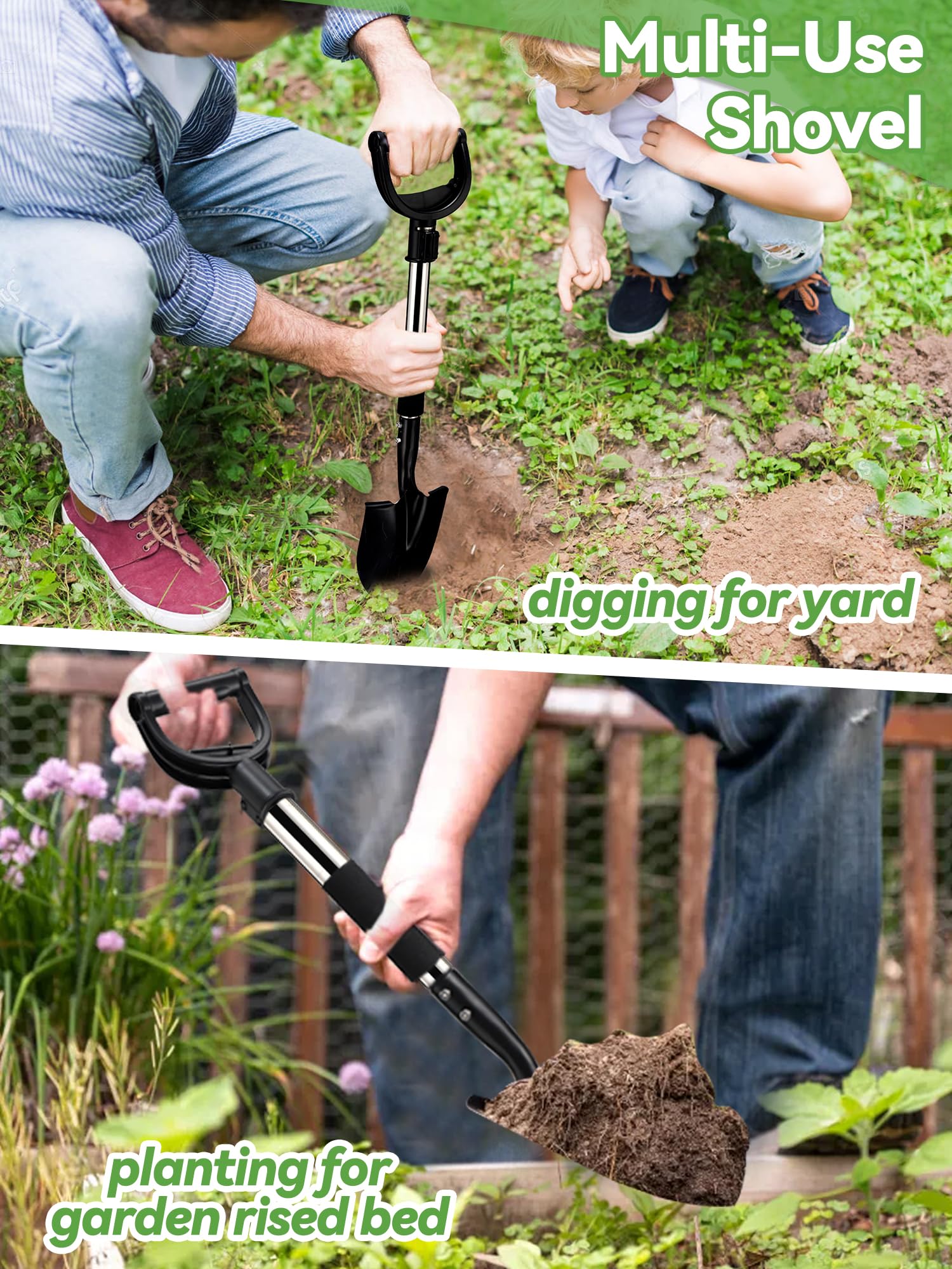 Pala Feblomst de 31 pulgadas para excavar, jardinería, camping y todoterreno. Pala de playa para niños con punta redonda, mango en D y agarre cómodo. Mini pala de jardín de metal resistente y