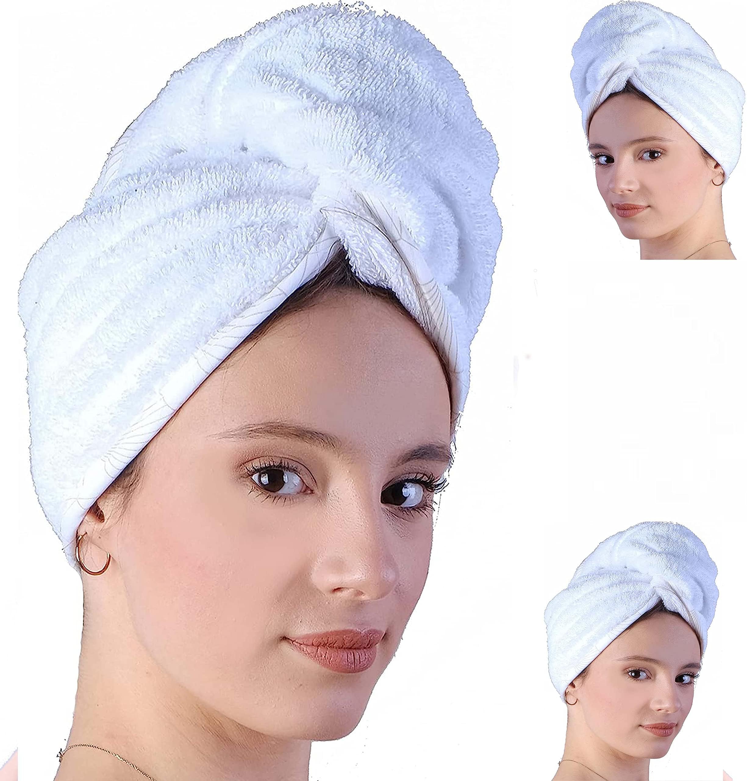 LLAMAXYTurkish Hair Towel 100% Pure Organic Cotton Hair Drying Towels Adult Child Hair Wraps Hair Turban - Towel Wrap Hair Drying Towel - Quick Twist Rapid Dry Towel - Cap - 2 pack of White