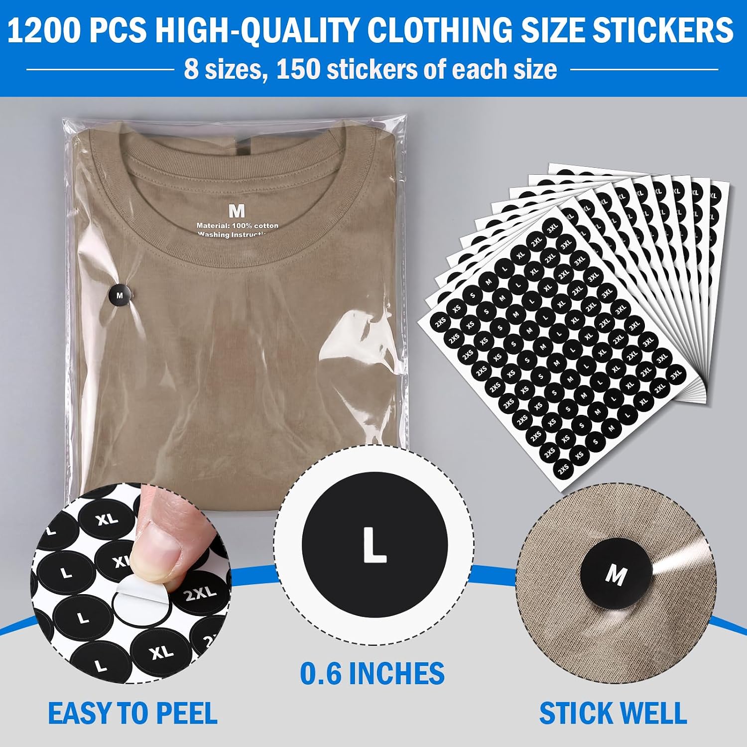 PerKoop 300 Count 9 x 12 Inch T-shirt Bags with Cardboard and Garment Size Labels, Clear Cellophane Plastic Bags for Packing Clothing, Resealable Bag