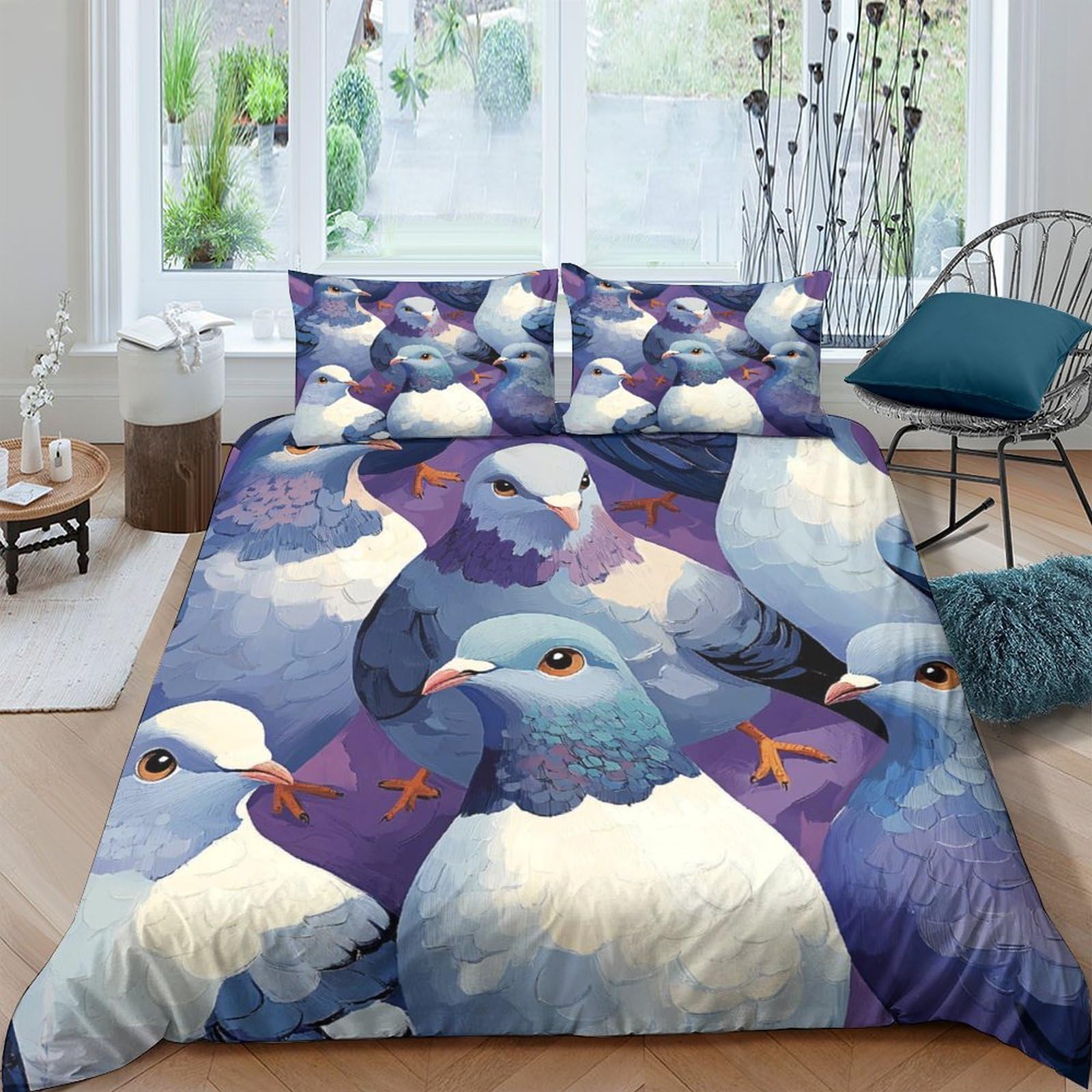 Ctjqhvkz Style-5 3D Printed Pigeon Art Fitted Sheet Microfiber Soft Blue Purple Bird Mattress Cover For Bedroom Dorm Room Decor Single（135X200cm）