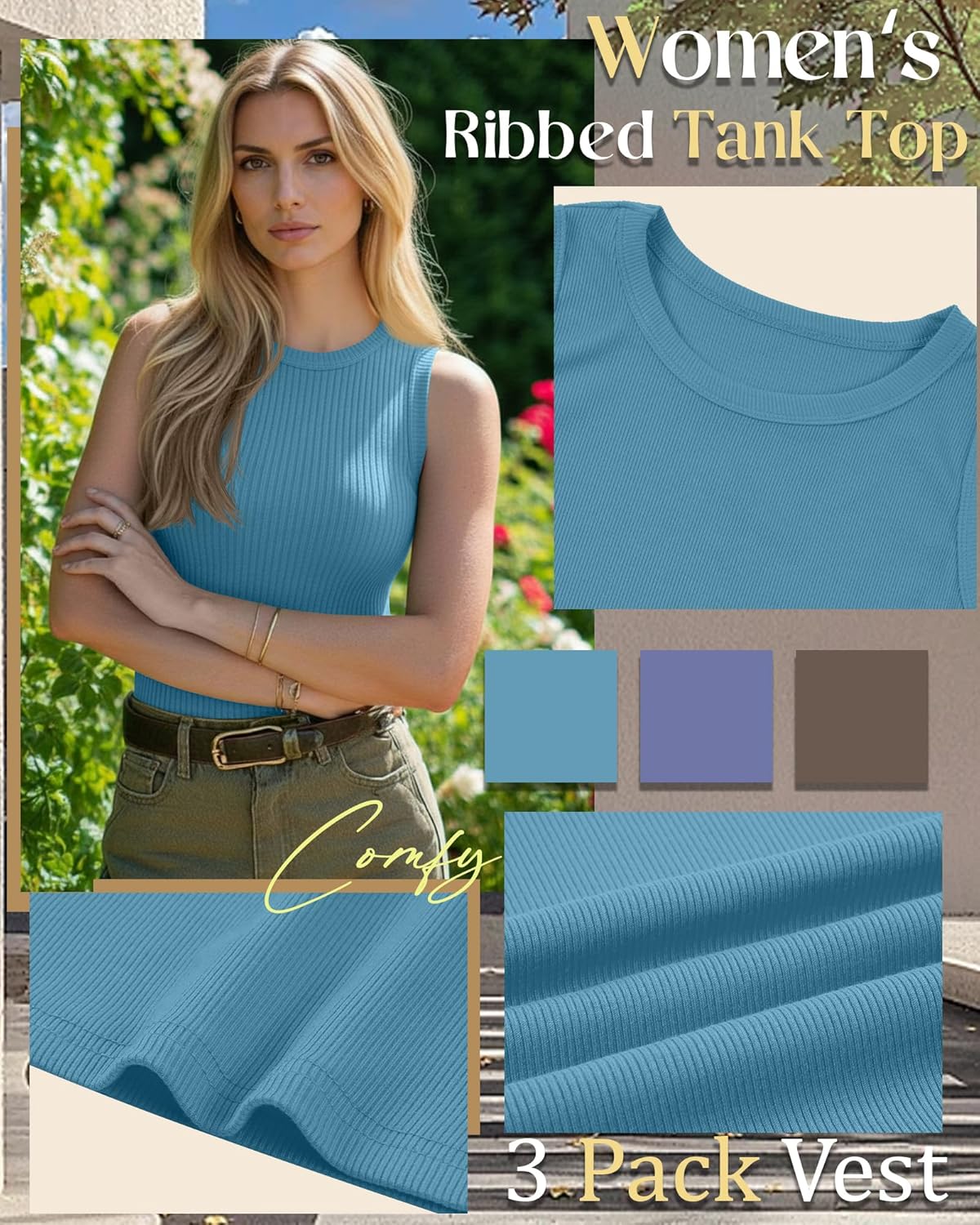 3 Pack Women's Ribbed Tank Tops Crew Neck Sleeveless Knit Tees Cotton Slim Fitted Basic Cami Shirts Tees - Image 5