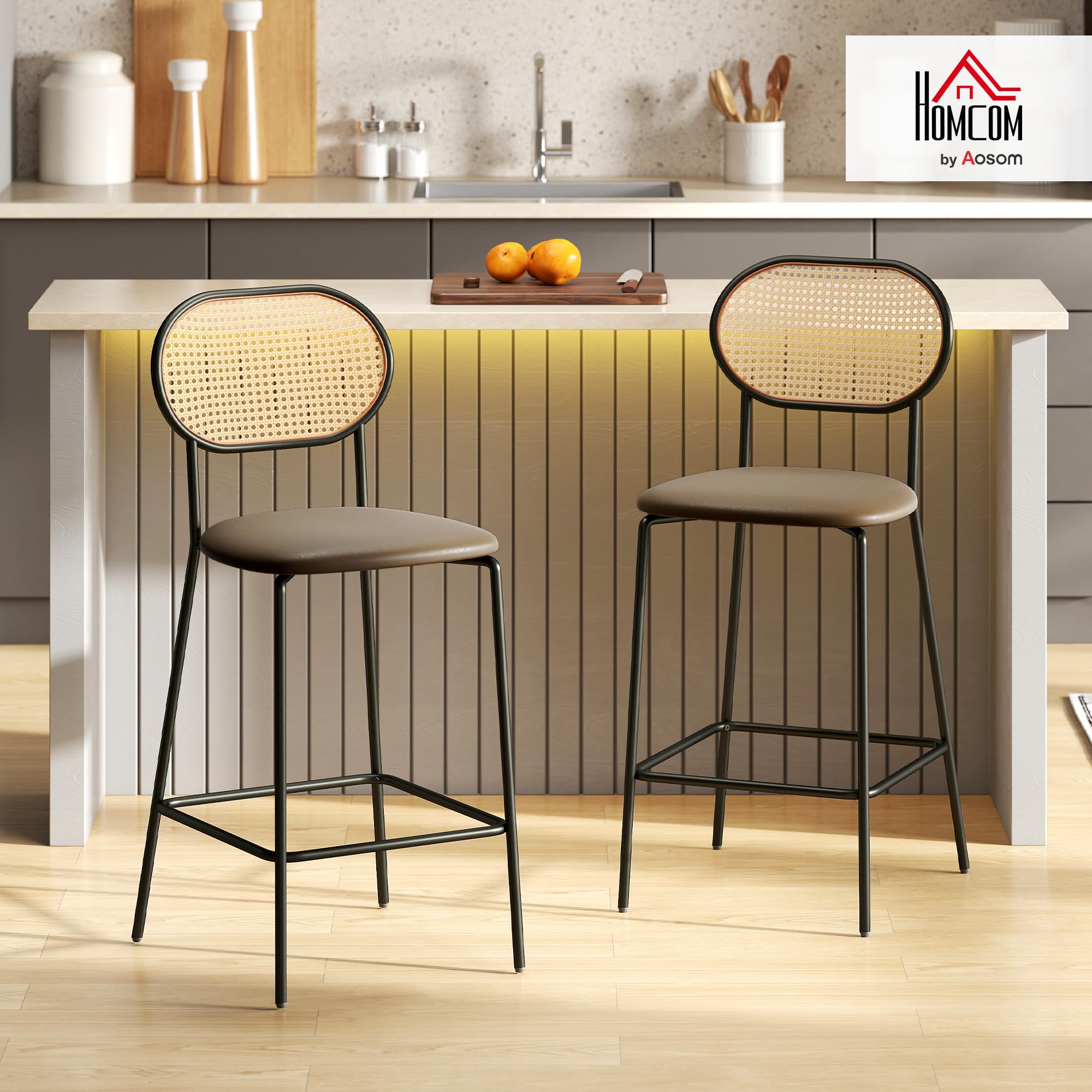 HOMCOM Juego de 2 Taburetes de Bar Taburetes Altos de Cocina con Respaldo de Ratán Asiento de PU Marco de Acero y Reposapiés para Comedor Mostrador 45x50x97 cm Marrón