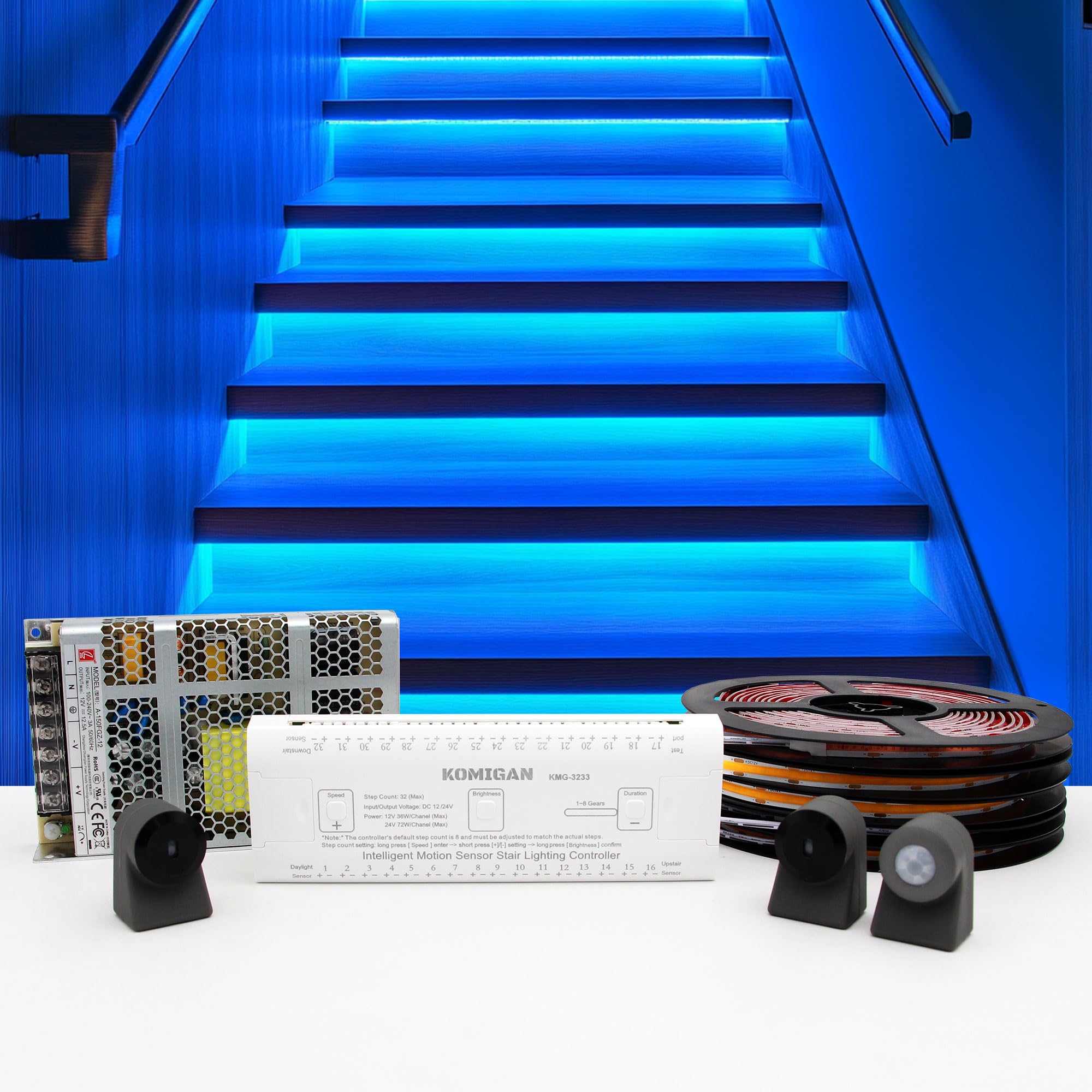 Intelligent Motion Triggered LED Stair Lighting Kit KMG-3233, 40" Cuttable LED Strip Light for Indoor LED Stair Lights (Ice Blue Color, 20 Stairs)