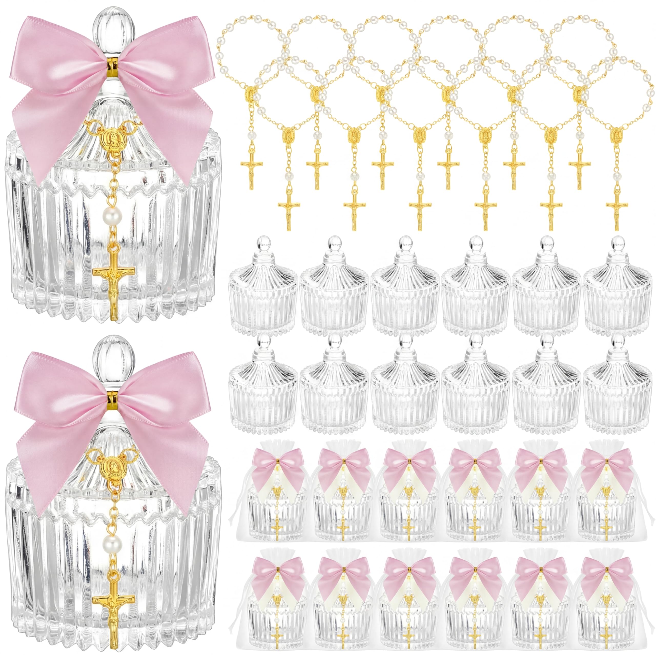 Photo 1 of Chuangdi 12 Sets 48 Pcs Baptism Favors for Guests Crystal Candy Bowl Gifts with 12 Pcs Cross Rosary for Baptism Decorations Wedding Baby Shower Party Supplies First Communion (Pink)