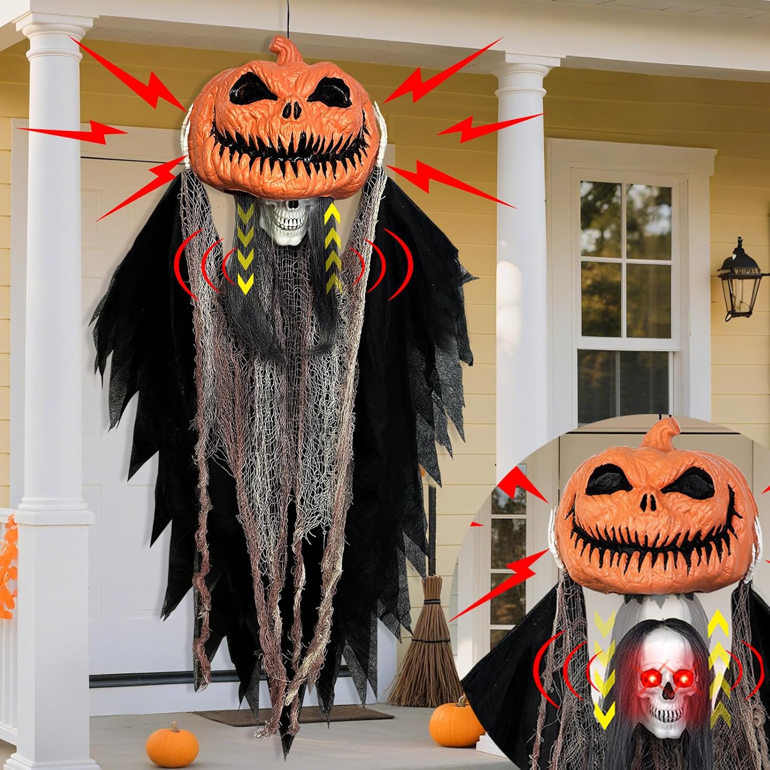 Sound Activated 39" Halloween Animatronics Pumpkin Ghost with Rising and Falling Skull, Red LED Eyes & Scary Sounds, Spooky Halloween Decorations for Haunted House Outdoor Porch Yard Display Decor Pumpkin Ghost with Skull