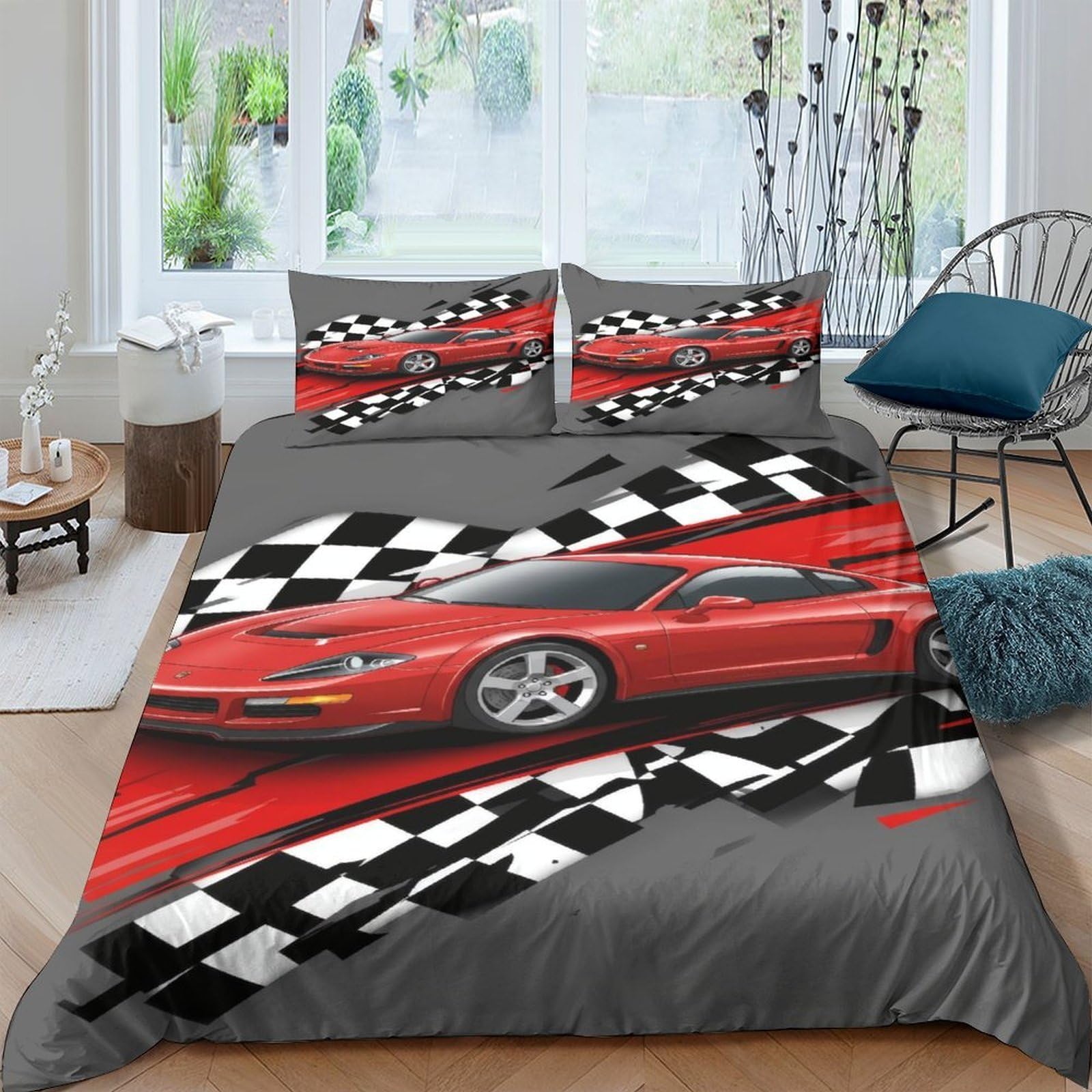 Ctjqhvkz Style-3 3D Printed Red Sports Car Fitted Sheet Microfiber Race Track Checkered Bed Cover For Bedroom Dorm Room Mattress Decor Single（135X200cm）
