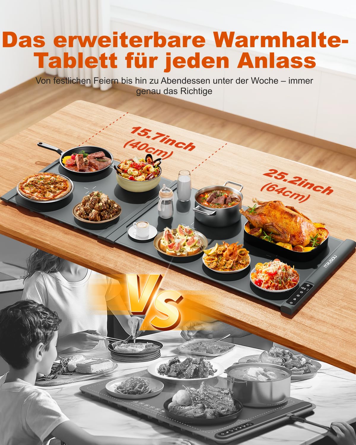 Erweiterbare Silikon-Warmhalteplatte 106,7 x 40,6 cm elektrisches Heiztablett 2-teilig aufrollbar