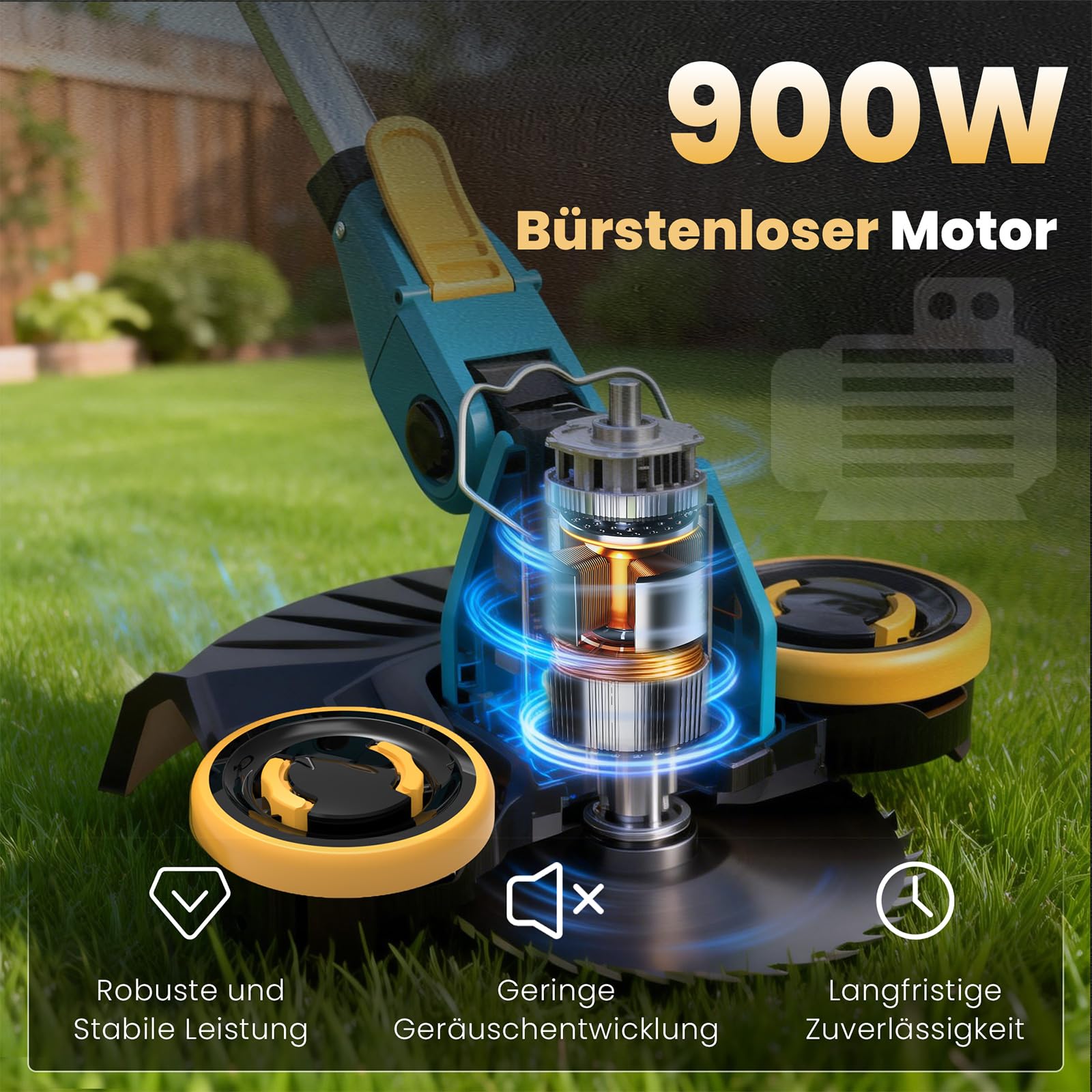 Rasentrimmer mit Akku und Unkrautbürste, Akku Rasentrimmer für Makita-Akkus mit 4 Klingentypen und 2X4.0Ah Akkus, 21V Bürstenlose Freischneider Akku für Garden Trimmen (Blau) - 4