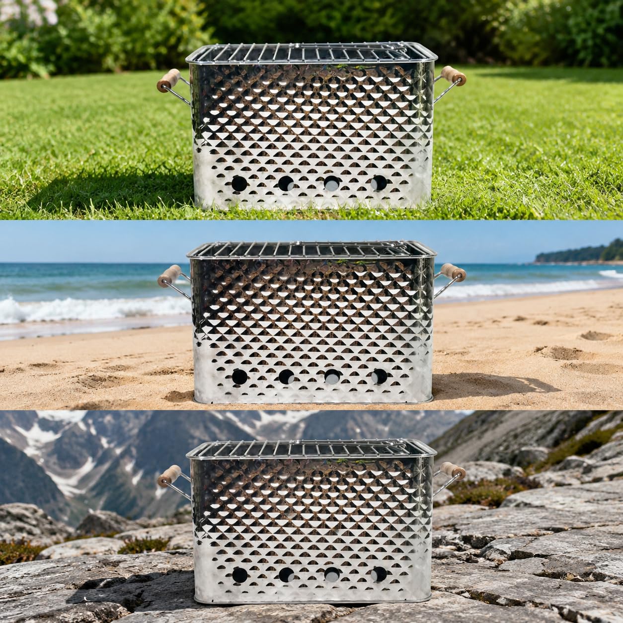 e Charbon Portable, Acier Inoxydable & Bois, pour Camping & Pique-nique, Extérieur