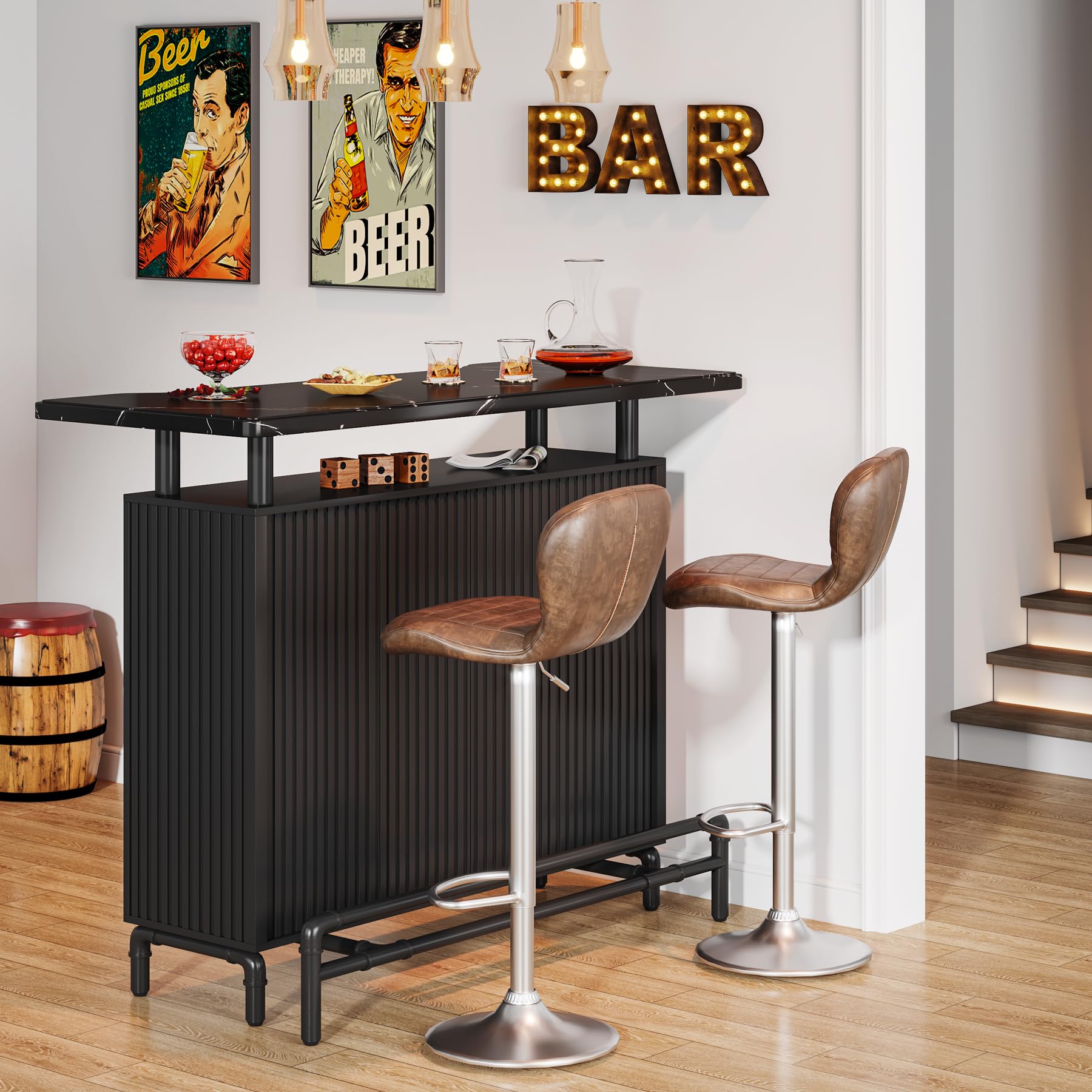 ★ Private Bar Counter Set LITTLE TREE Home Bar Unit with Faux Marble Top, 3 Tier Liquor Bar