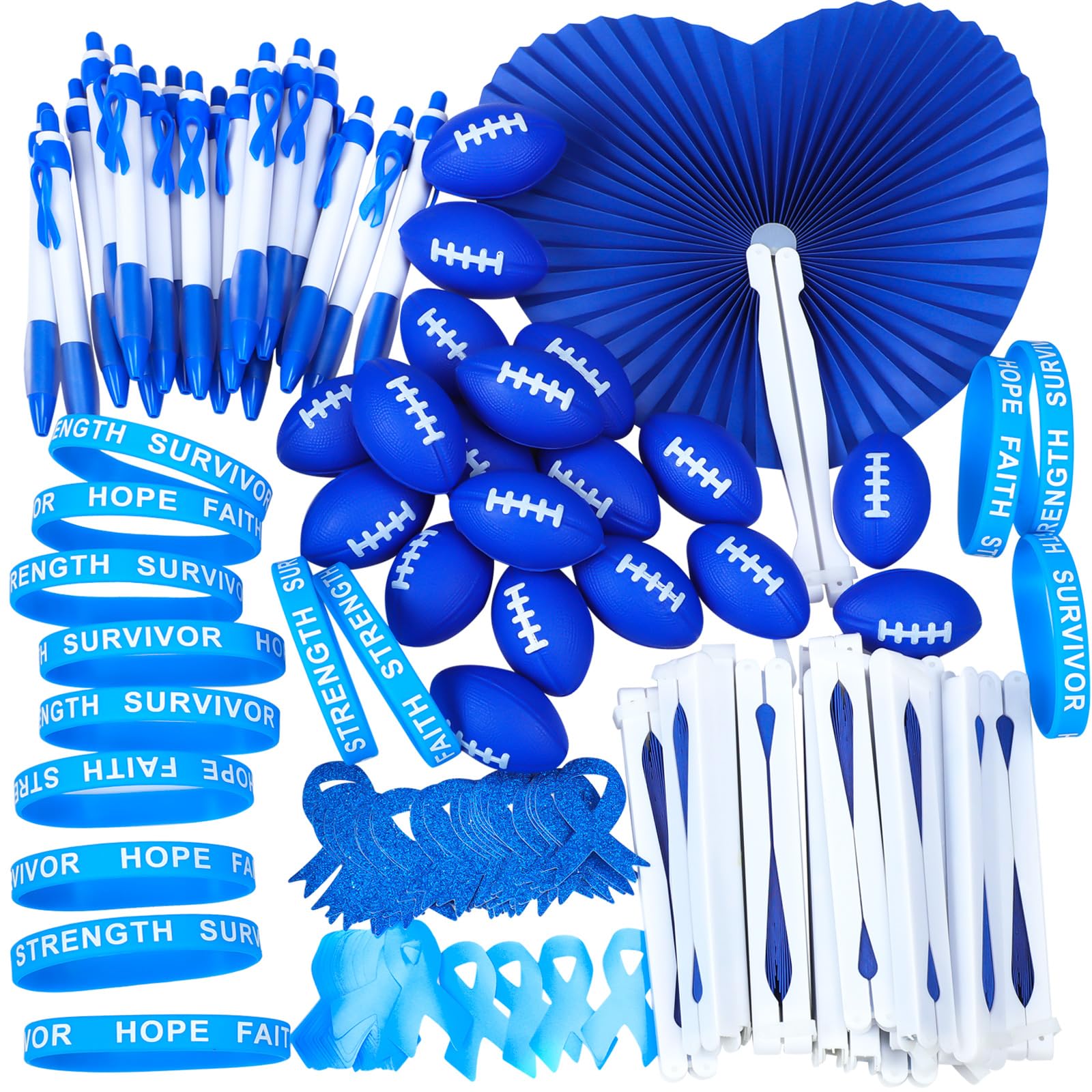 Wonderjune 150 Stück Kindesmissbrauch-Bewusstseins-Sortiment, Großpackung, blaues Band, Aufkleber, Glitzer-Aufkleber, Stress, Fußball, Faltfächer, Hoffnung, Stärke, Armband, Stift für Darmkrebs,