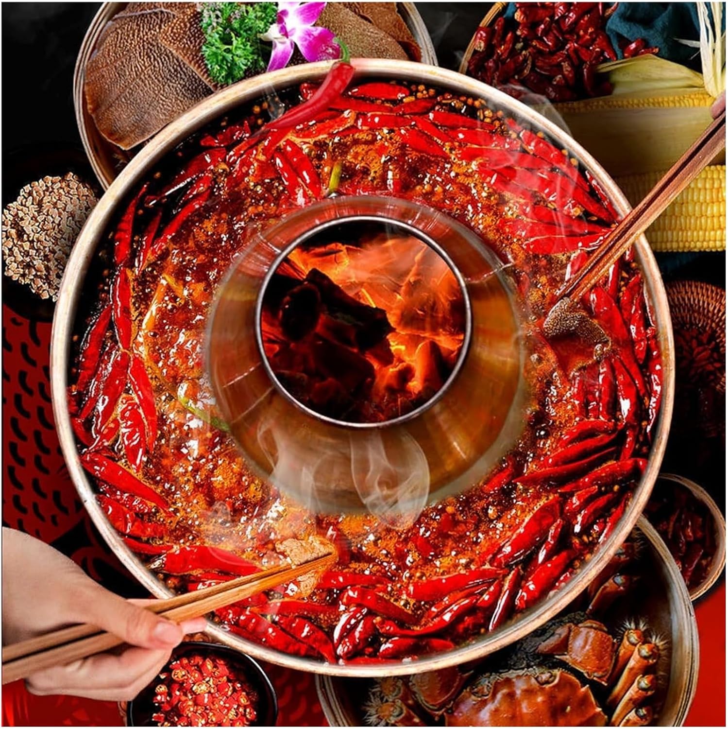 XXHNBF 炭しゃぶ銅鍋鍋鍋鍋、赤銅ヴィンテージ鍋、炭燃焼用煙突付き