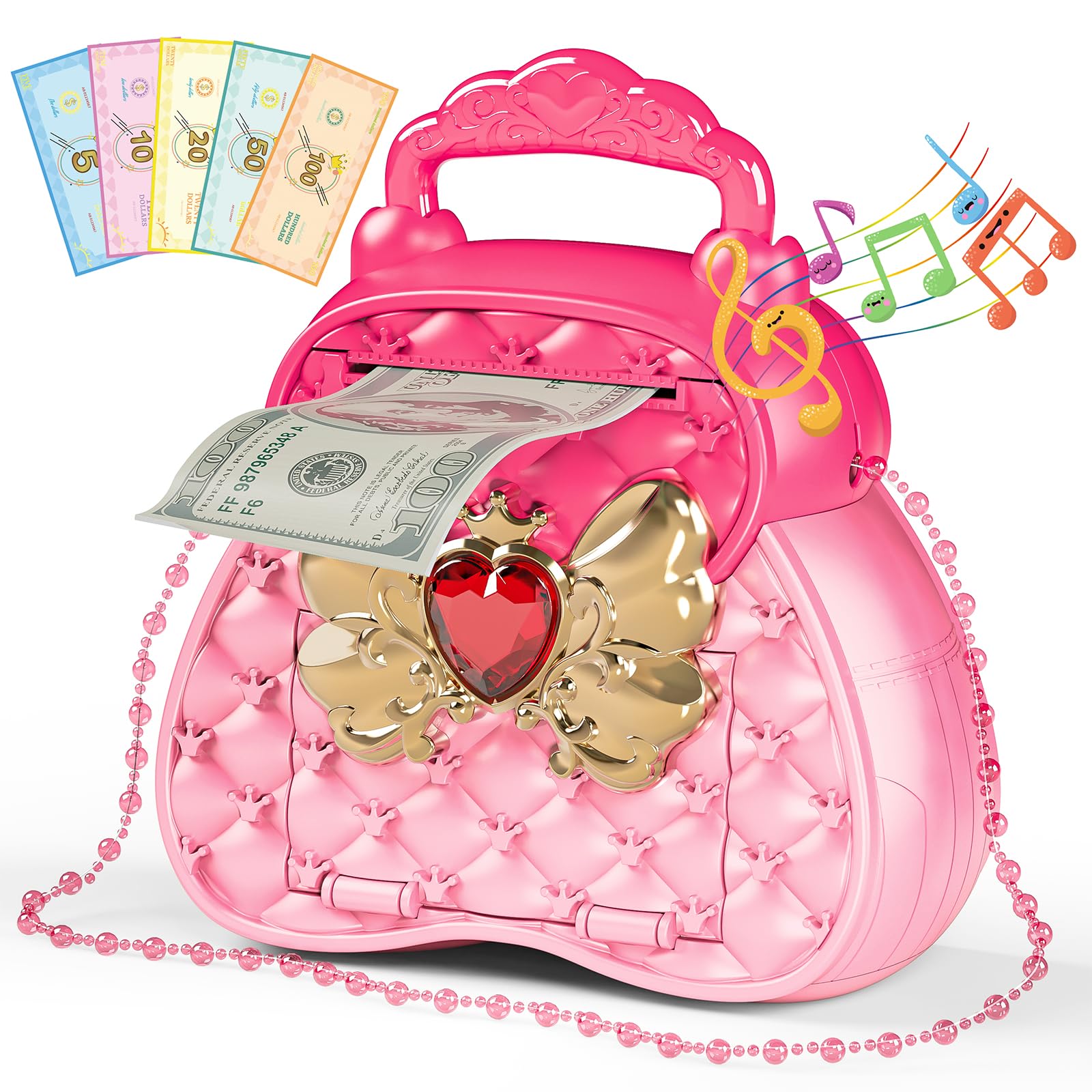 LZZAPJ Little Girls Toy Play Purse Money Bank for Age 6-8, Kids Safe Electronic Piggy Bank Toy with Password, Birthday Ideas for 3 4 5 6 7 8 9 10 Years Old Toddlers Girls (Pink)
