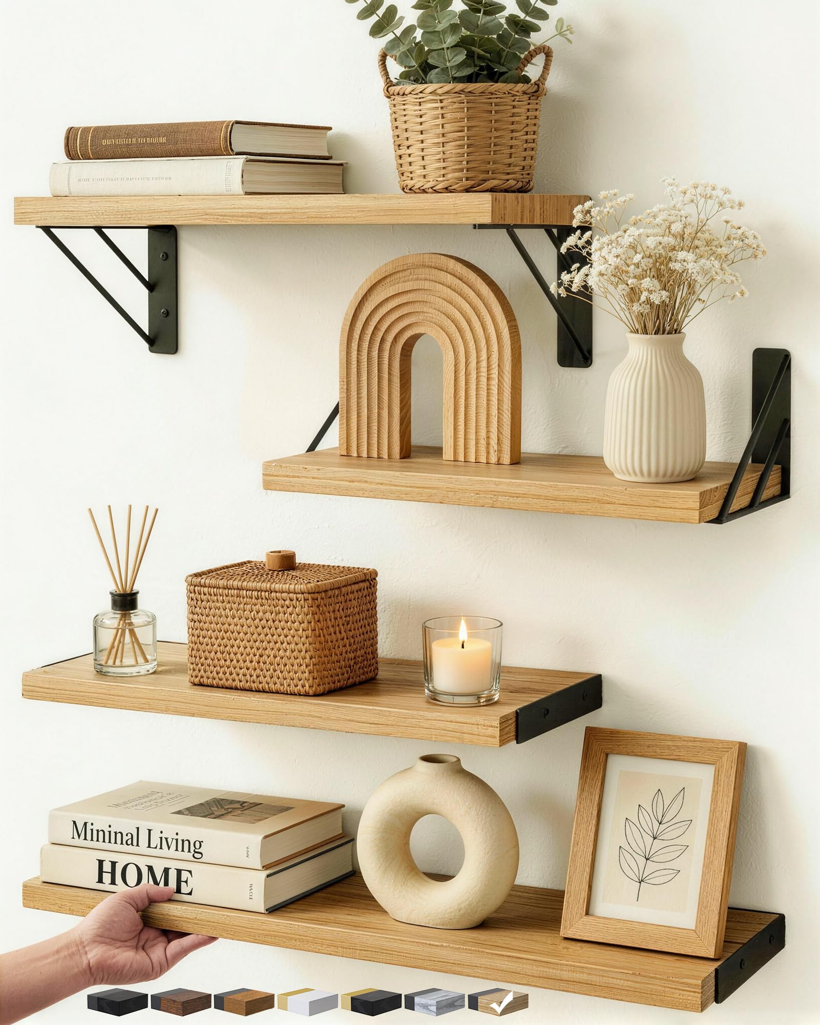 BAYKA Wall Mounted Floating Shelves (Carbonized Brown, Set of 4, 16" Mixed)