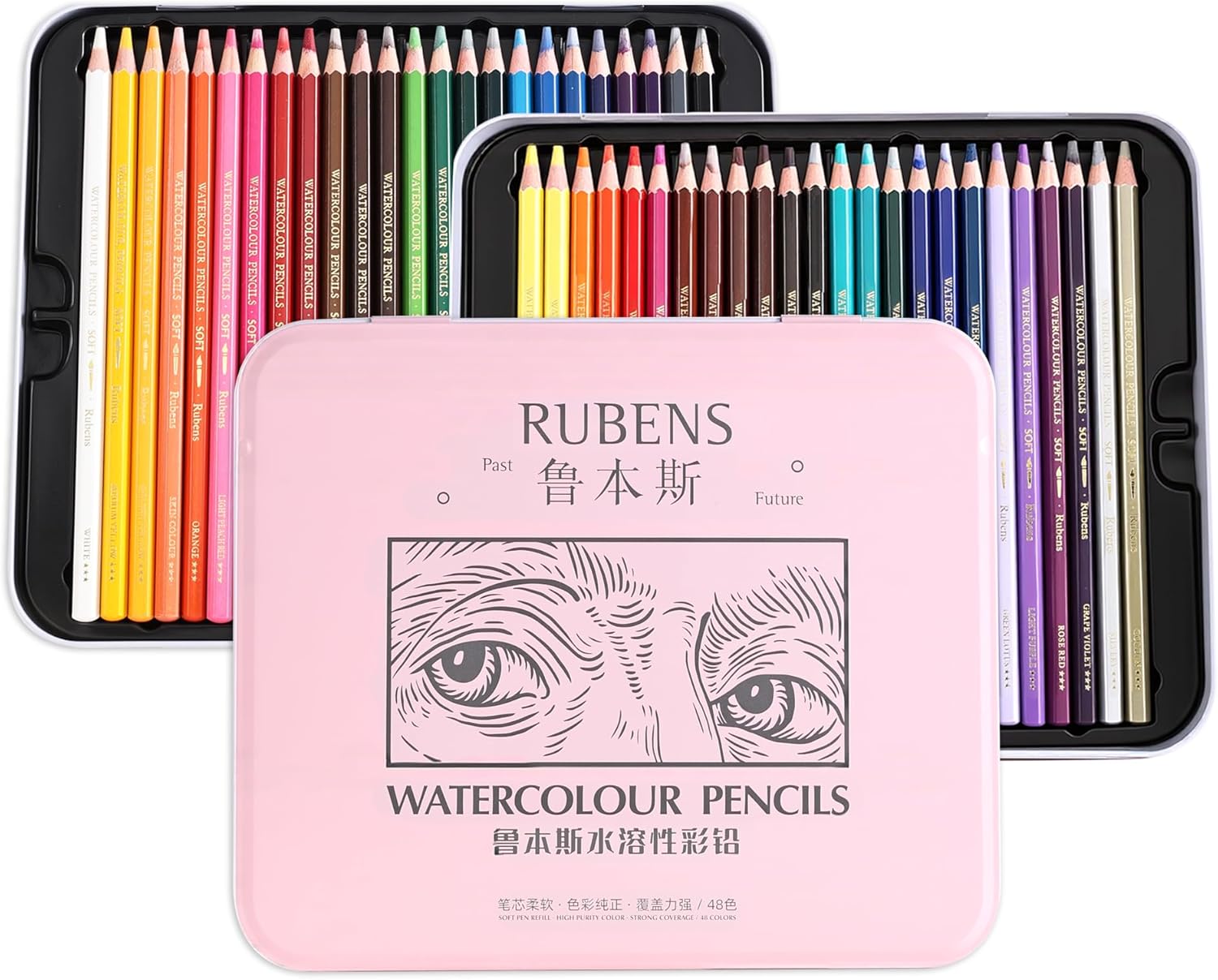 rubens Watercolor Pencils Sets, 48 Counts Soft Core Colored Pencils, Professional Artist Watercolor Pencils, Water Soluble Colors Pencils In A Metal Box for Adult Coloring, Drawing, Sketching