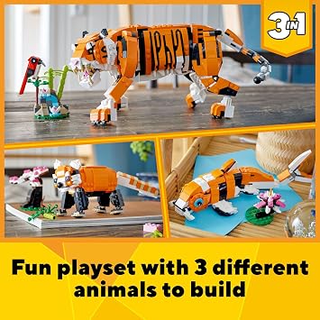 LEGO Creator 3 in 1 Majestic Tiger Building Set, Transforms from Tiger to Panda or Koi Fish Set, Animal Figures, Collectible Building Toy, Gifts for Kids, Boys & Girls 9 Plus Years Old, 31129