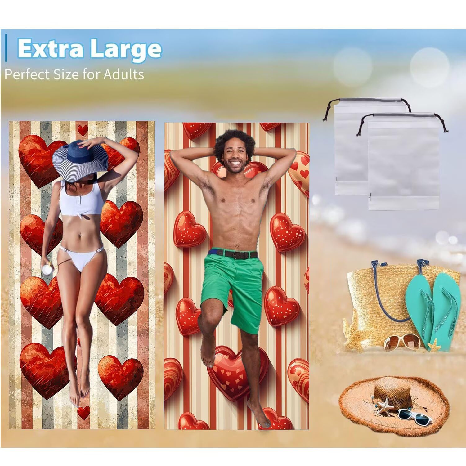 Toalla Playa 100 x 200 cm, Juego de 2 Toallas Microfibra Grande de Secado Rápido, Absorbente, Compacto, Toalla de BañO Sin Arena Verano Manta de Playa Mujer para Gimnasio Baño Regalo (Love red) H-8