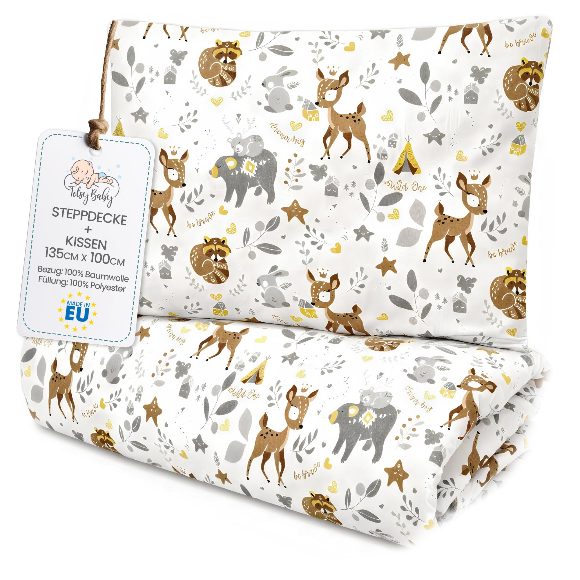 Totsy Baby Trapunta per bambino cotone 100x135 - piumono culla neonato set Imbottitura per piumone 100 x 135 cm con cuscino 40 x 60 cm per ragazzi e ragazze Oeko-Tex Cervo