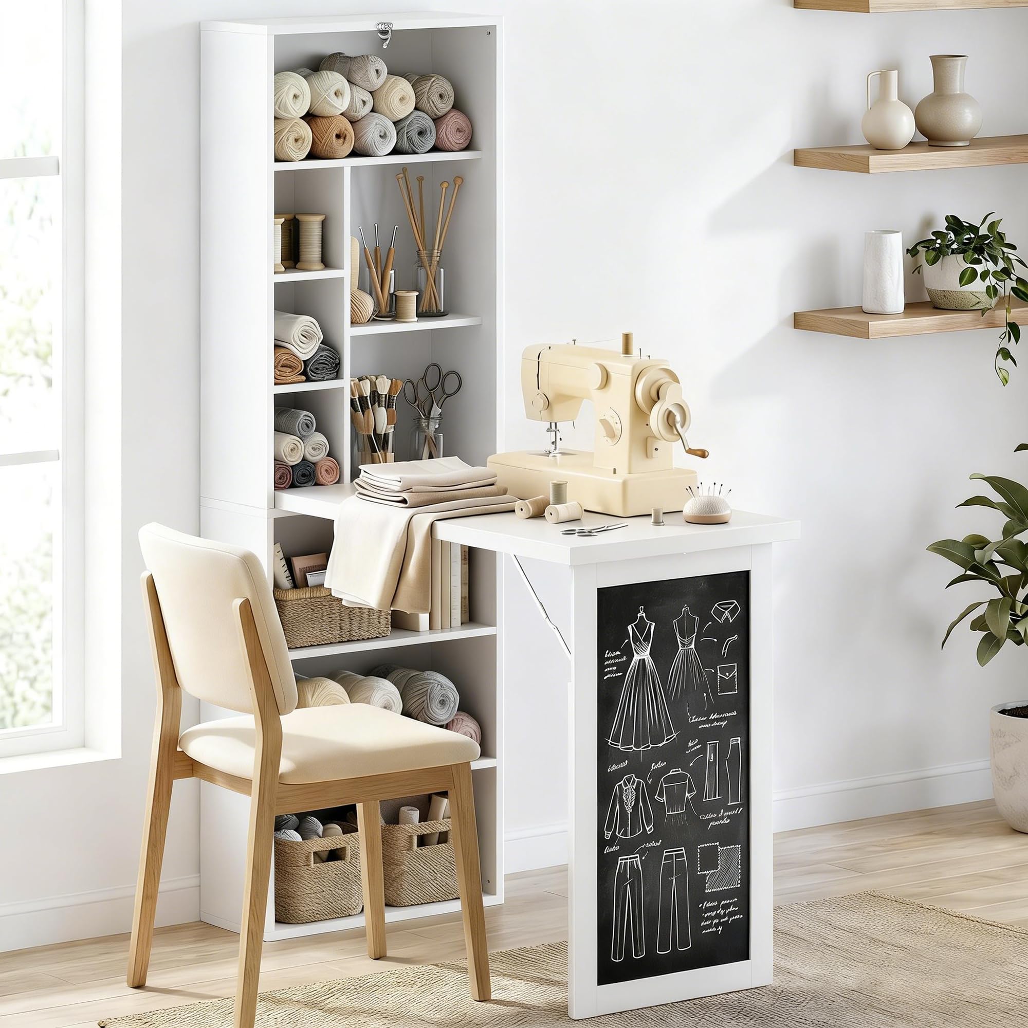 HOMCOM Scrivania con Libreria e Lavagna, Scrivania Salvaspazio con Piano Pieghevole in Legno di Pino, Tavolo da Lavoro con Ripiani Regolabili, per Cameretta, Studio, Ufficio, 98x51x153 cm, Bianco