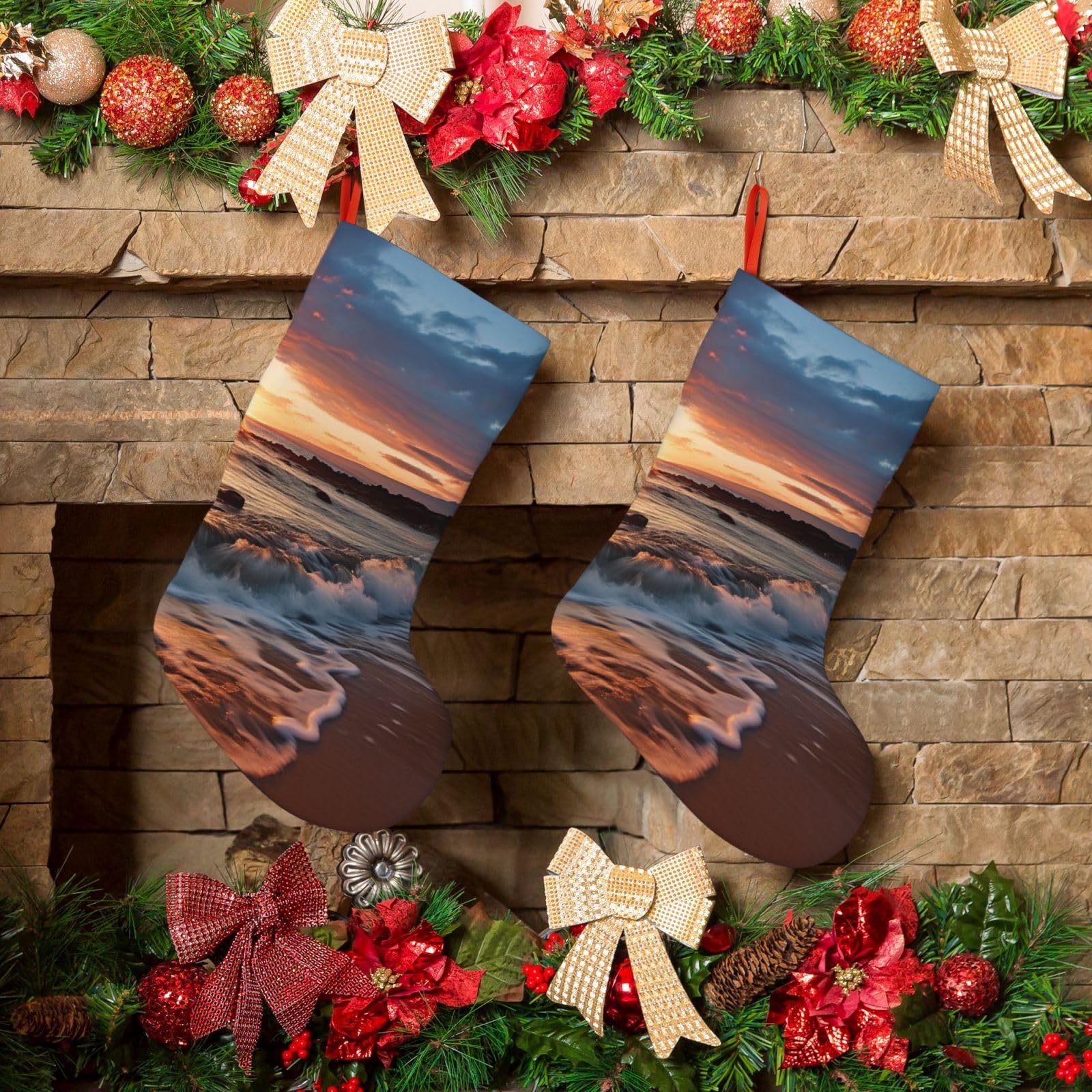 KLOPH Christmas Stockings 18" Personalized Xmas Stocking Beach Maui Hawaii Sunset Sea Waves Clouds Decoration Stocking Hanging Fireplace Stocking for Holiday Xmas Tree Christmas Fireplace Decor