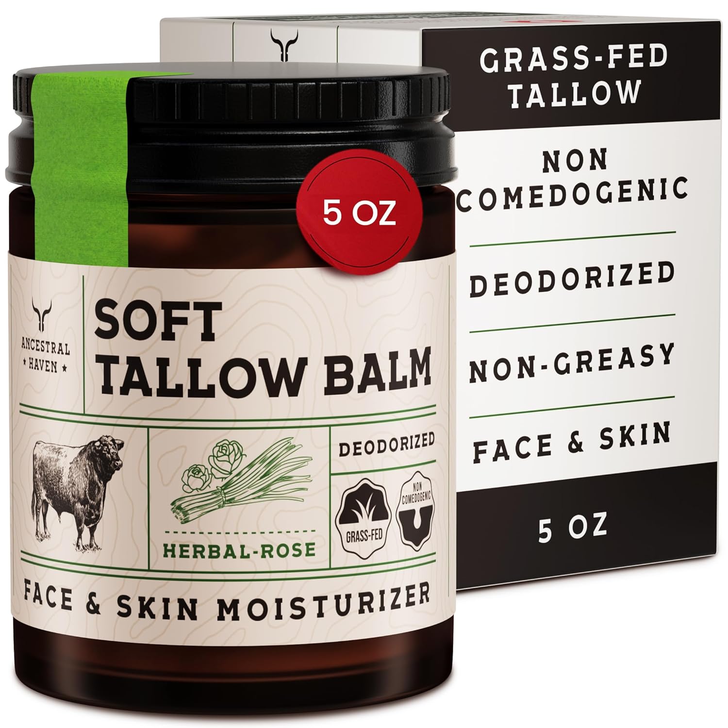 Beef Tallow for Skin - Tallow And Herbal Balm For Face - Gift Ready Box - Tallow Face Moisturizer - Tallow Balm - Grass Fed Tallow Face Cream Lotion (5.0 Oz, Herbal-Rose)