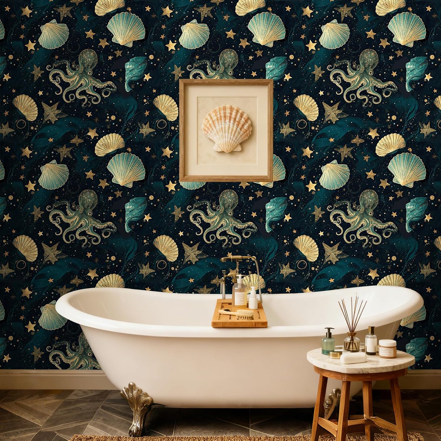 ReWallpaper Coastal Wallpaper Peel and Stick Waterproof Navy Teal Gold Octopus Shells Celestial Ocean Wall Paper Removable Wallcovering for Bathroom Bedroom Living Room Feature Wall Decor 17.5inX23ft