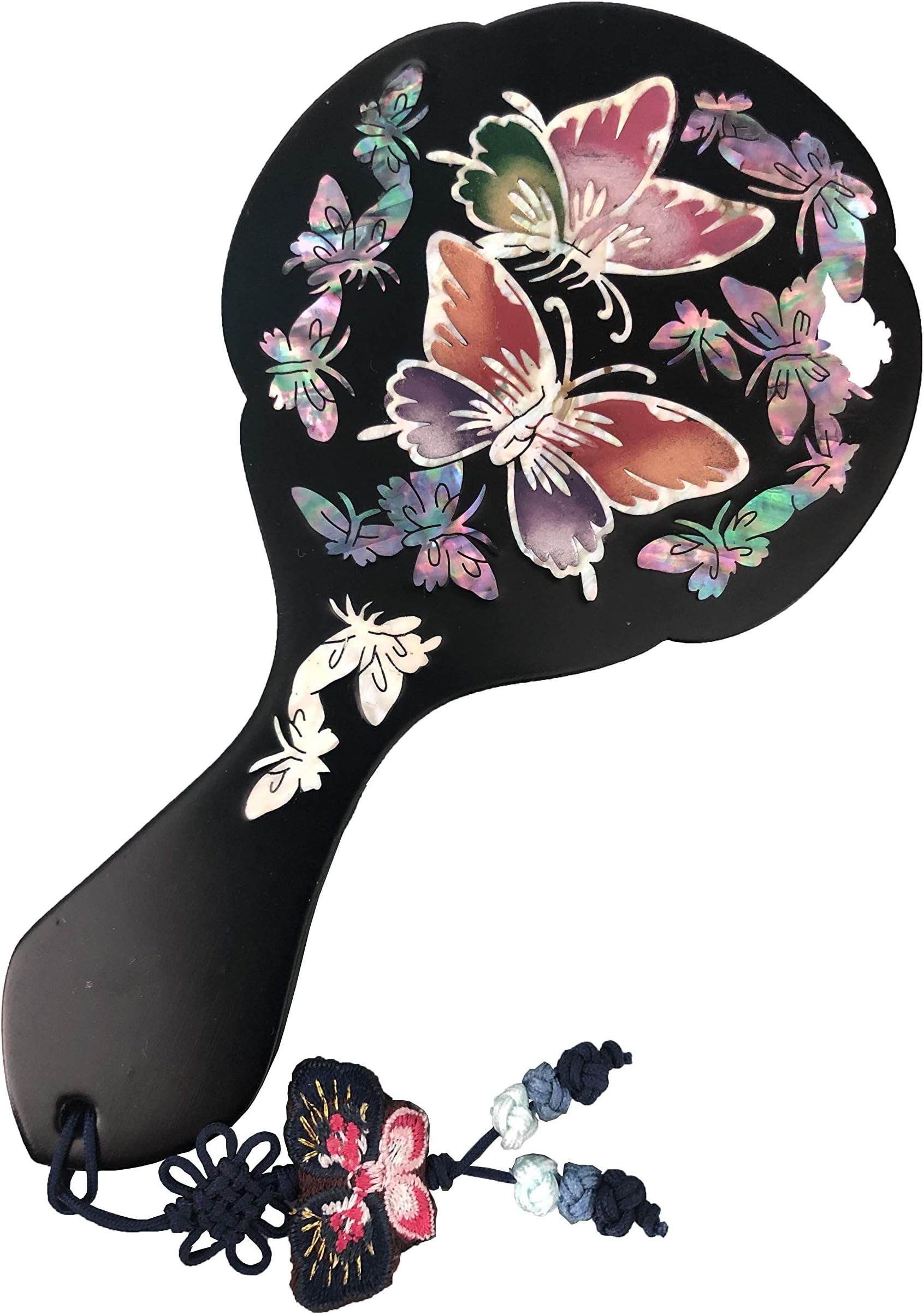 Mother of Pearl Hand held Mirror with Vanity Handle Lady Mirror Cosmetic Makeup Butterfly Korean Traditional Wooden Lacquered Kpop BTS for Army Girls (Mirror Size : 2.5") Black