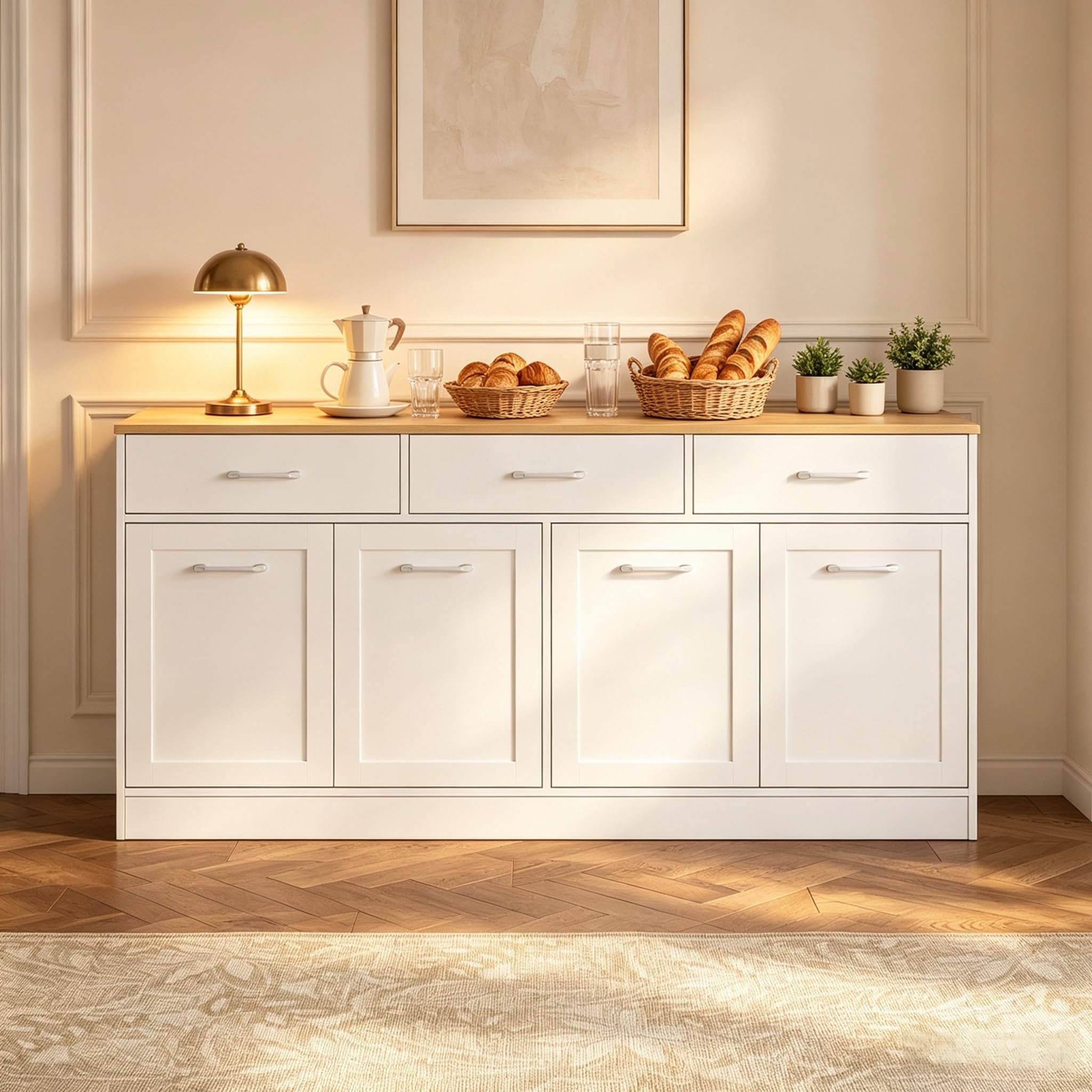 Küchenschrank Sideboard 160 cm mit 3 Schubladen und verstellbaren Einlegeböden, Kücheninsel mit Arbeitsplatte in Holzoptik, Vorratsschrank für Küche, Esszimmer und Wohnzimmer, Weiß