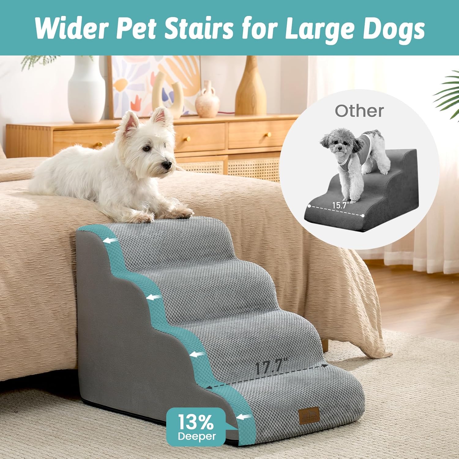COZY KISS Wide Dog Stairs for Small Dog 19.7" H, Pet Step for Puppy, Older Cat, Curved Ramp for High Bed or Car, Stairs with High Density Foam, Lightweight, Durable, 4 Step, 17.7x28x19.7 inch, Grey Grey 4 17.7x28x19.7 inch