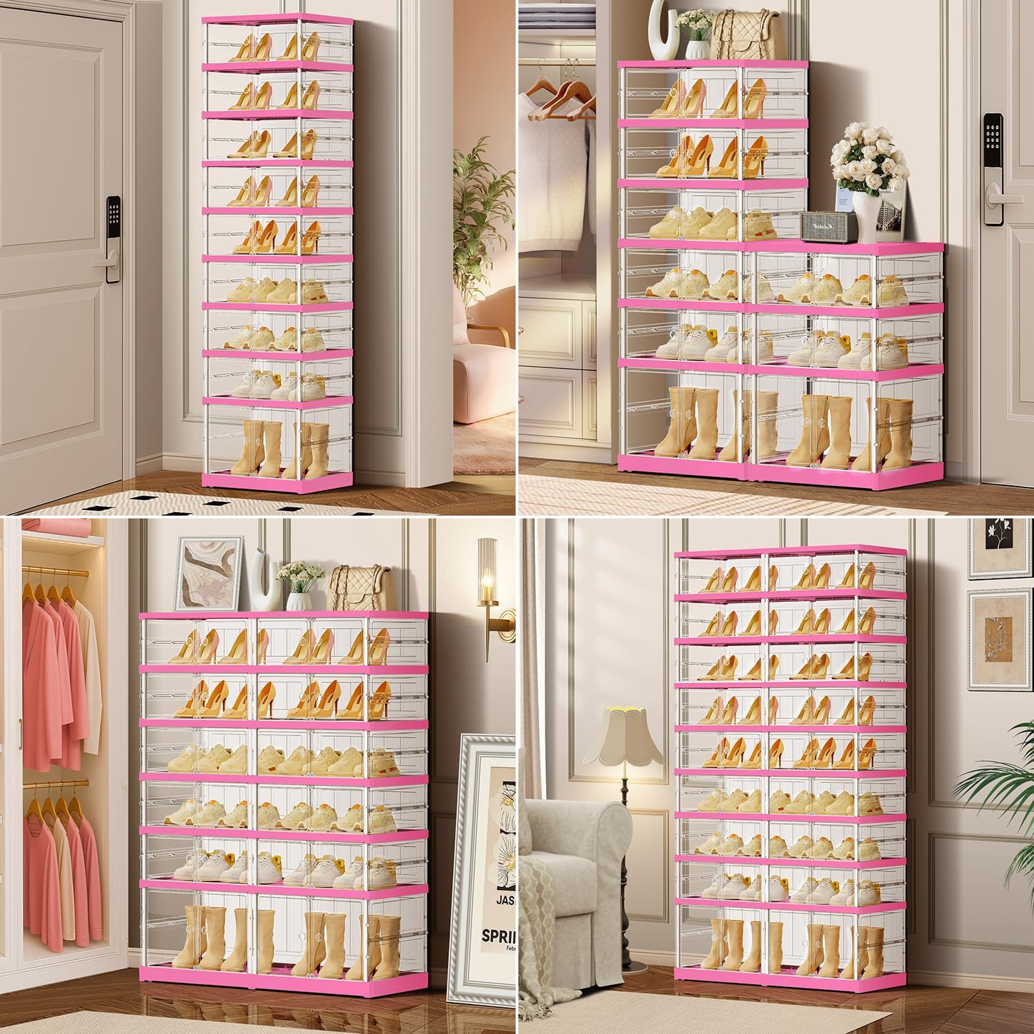 3-Tier Foldable Shoe Rack for Closet Entryway 6-12Pairs, Stackable Clear Shoe Storage Boxes Organizer with Door Plastic Small Shoe Cabinet Bins with Lids Shoes Shelf Easy Assembly（White-Pink）