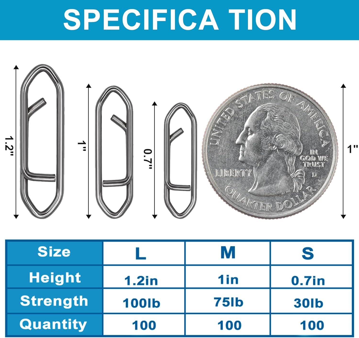 300PCS Stainless Steel Fishing Power Speed Clips(S:100Pcs,M:100Pcs,L:100Pcs) High Strength Snap Swivels Fishing Connector for Quick Change Tackle Saltwater Freshwater - Image 6