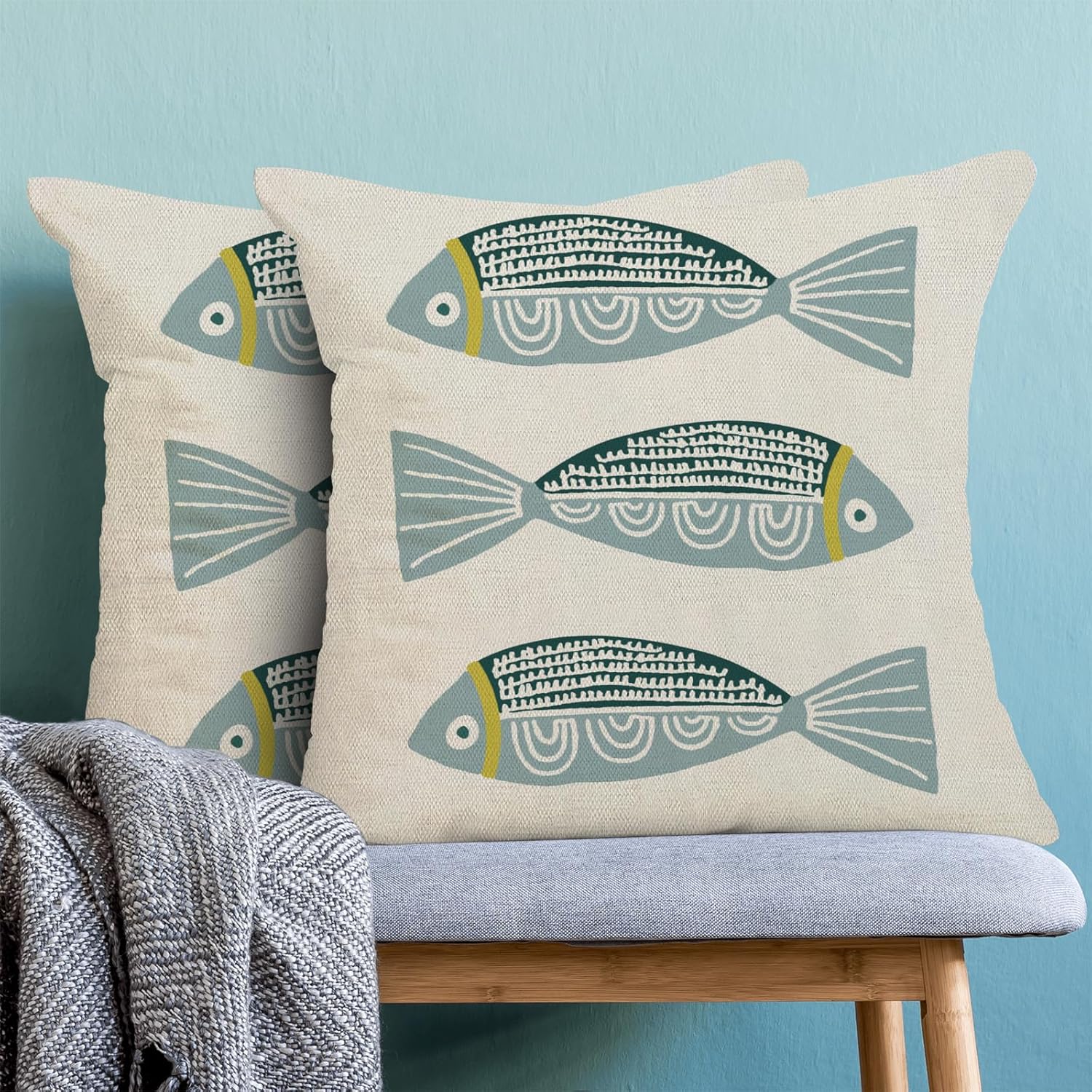 Coastal Blue Fish Pillow Covers 18x18 Inch Set of 2 Ocean Outdoor Throw Pillows Spring Summer Beach Nautical Pillowcase Linen Outdoor Decorative Cushion Covers for Bed Sofa Couch - Image 2