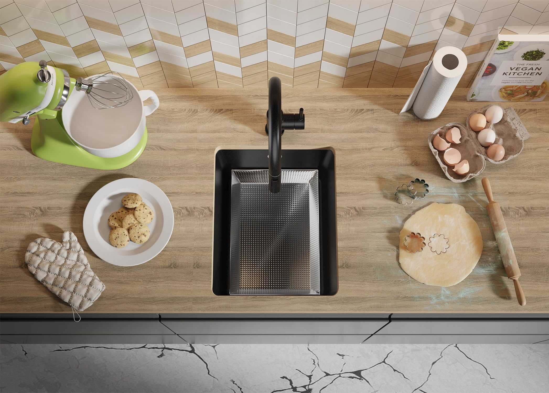 PRIMAGRAN Fregadero bajo Encimera Negro - Venecia Easy, 36x44cm | Cocina 1 Seno + Sifón, Granito al Mueble 40cm (S001)