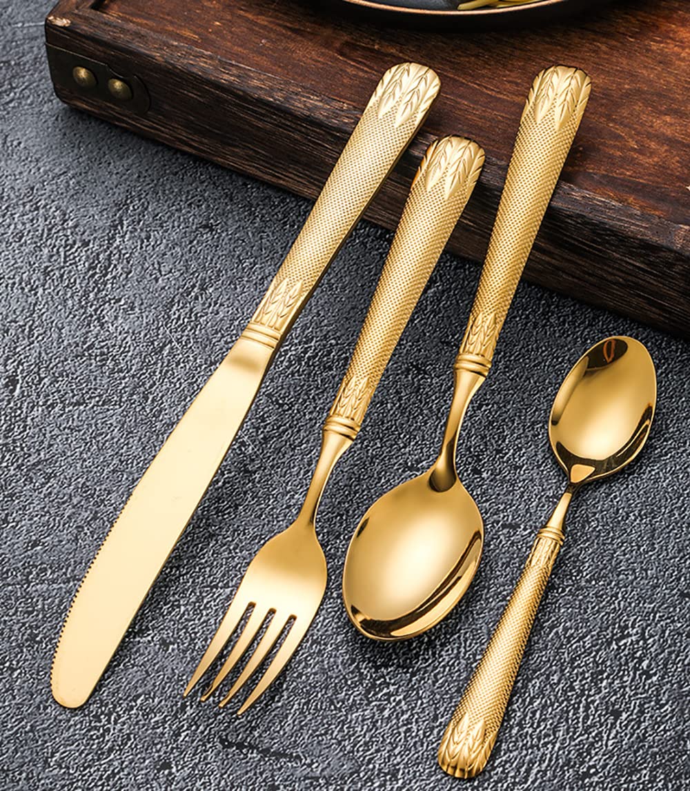 Edelstahlbesteck Besteckset, 24-teiliges Besteckset aus Edelstahl for 6 Personen mit Griffen in Weizenmuster, einschließlich Steakmessern, Gabeln und Besteck, spülmaschinenfest, Gold-Finish