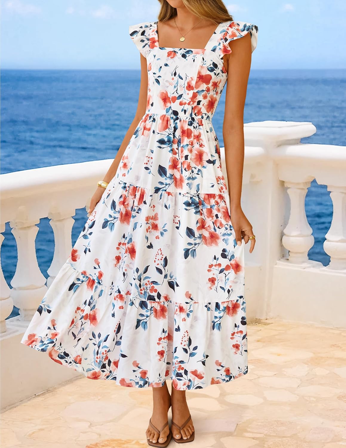 ZESICA Women's Summer Boho Floral Midi Dress 2026 Casual Ruffle Cap Sleeve Beach Wedding Guest Flowy Tiered Long Dresses