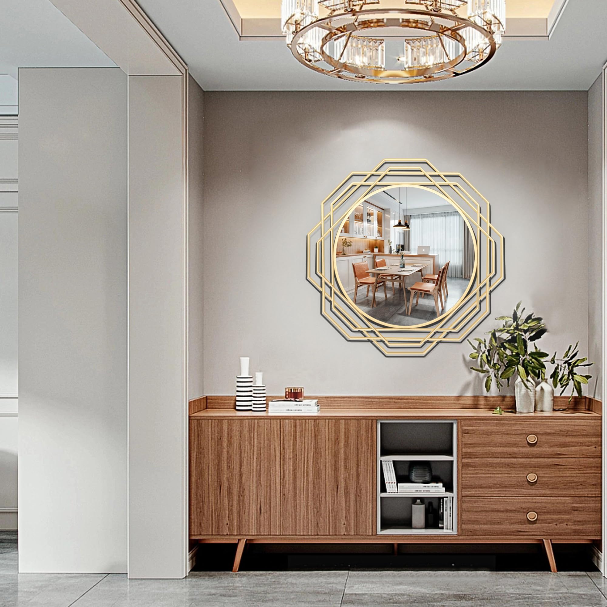 HLFMVWE Gold Circle Mirror - Decorative Metal Wall Mirror, Art Small Round Wall Home Mirror, Living Room Bedroom Bathroom Entryway 60 X 60 Cm