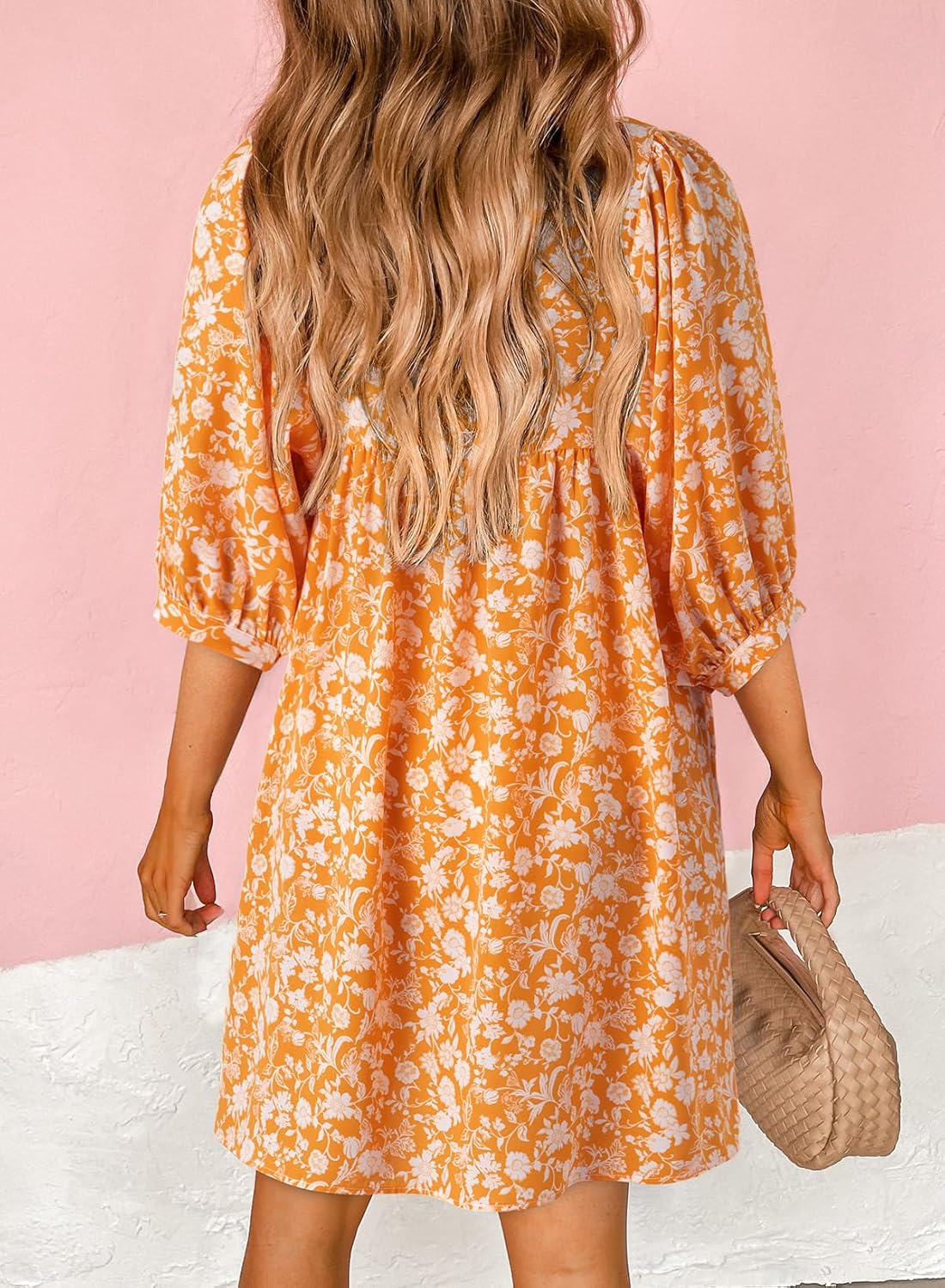 Dokotoo Womens Summer Dresses 2025 Boho Floral Drawstring V Neck Chiffon Lantern Sleeve Beach Vacation Mini Dress Sundress - Image 2