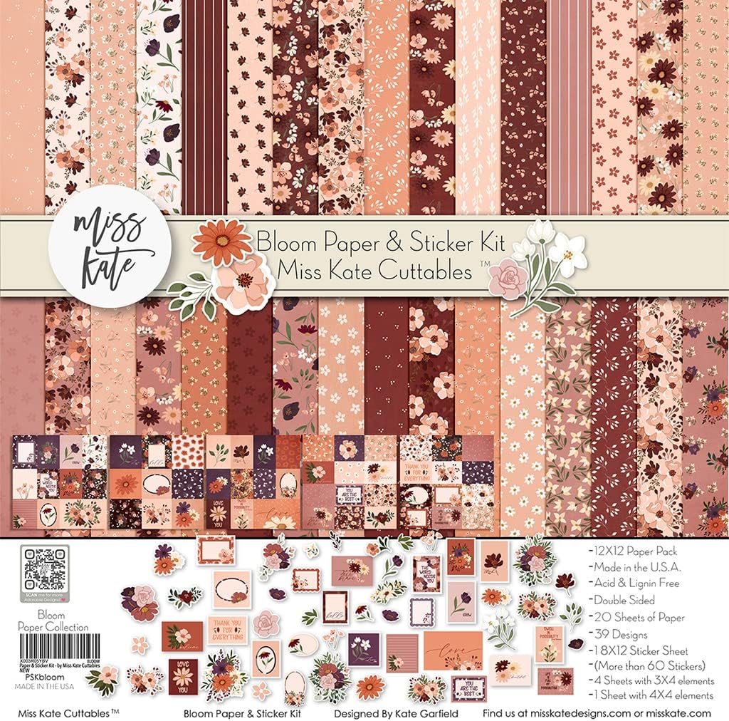Paper & Sticker Kit - Bloom - 20 Double-Sided 12x12 Papers with 39 Designs & 1 8X12 Sticker Sheet - Scrapbooking Card Making Crafting - by Miss Kate Cuttables