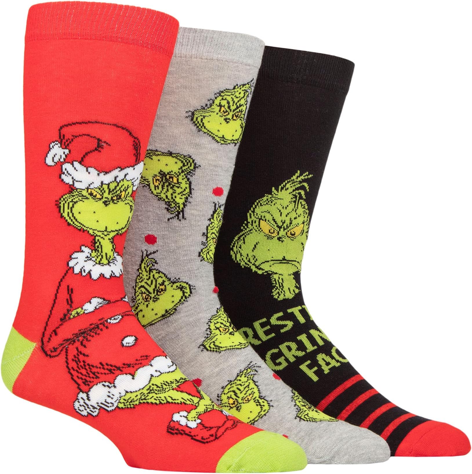 Grinch Cotton Socks Unisex Mens and Ladies Xmas Novelty Christmas Patterned Pack of 3 Sizes 4-8 and 6-11