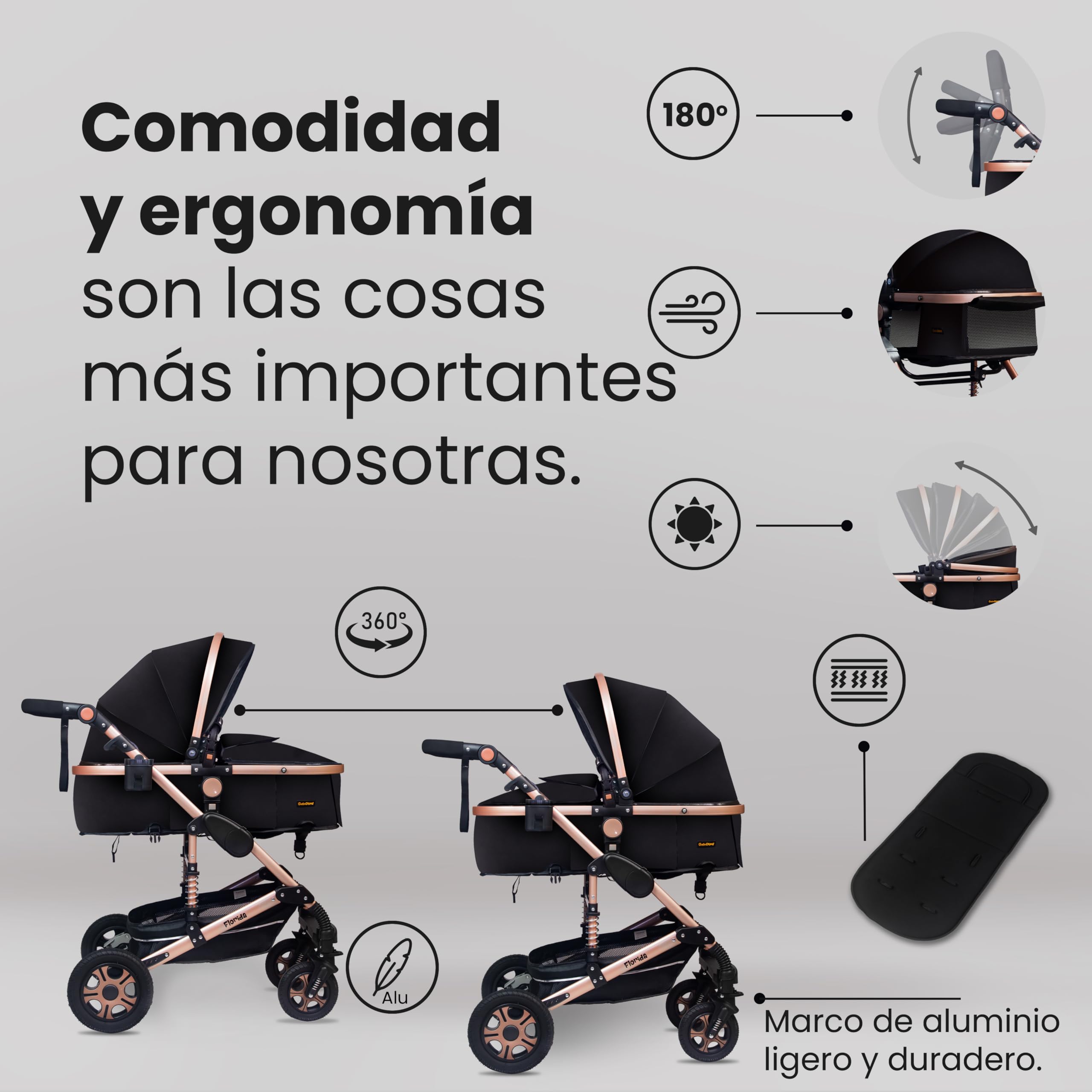 GaGaGaDumi Florida 3 en 1 cochecito completo con asiento de coche - Baby Stroller 3 en 1 TÜV - Cochecito combinado 3 en 1 juego completo de neumáticos completos, bolsa de pañales, Negro/negro