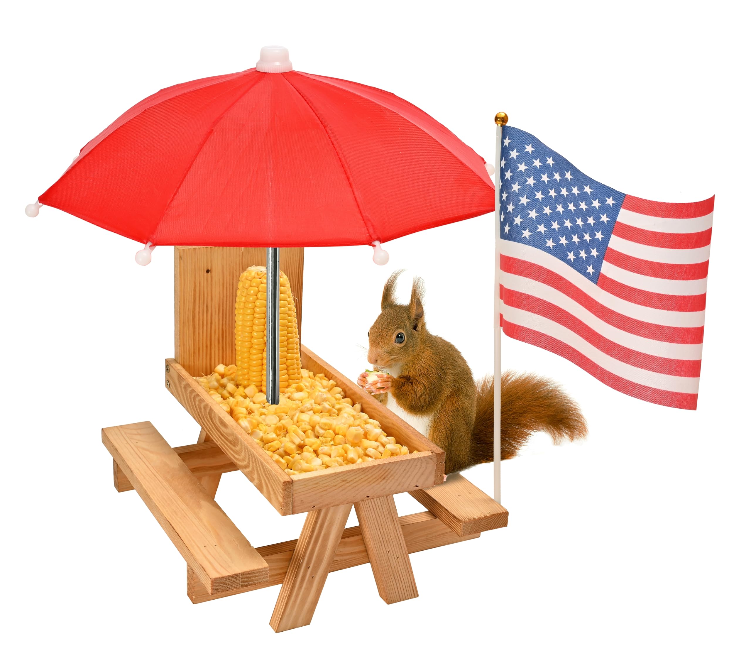 Squirrel Feeder Picnic Table with Umbrella, Large Size Wooden Squirrel Feeder for Outside with Corn Cob Holder for Yard and Porch Decoration, Easy to Fill Peanuts in Shell and Nuts