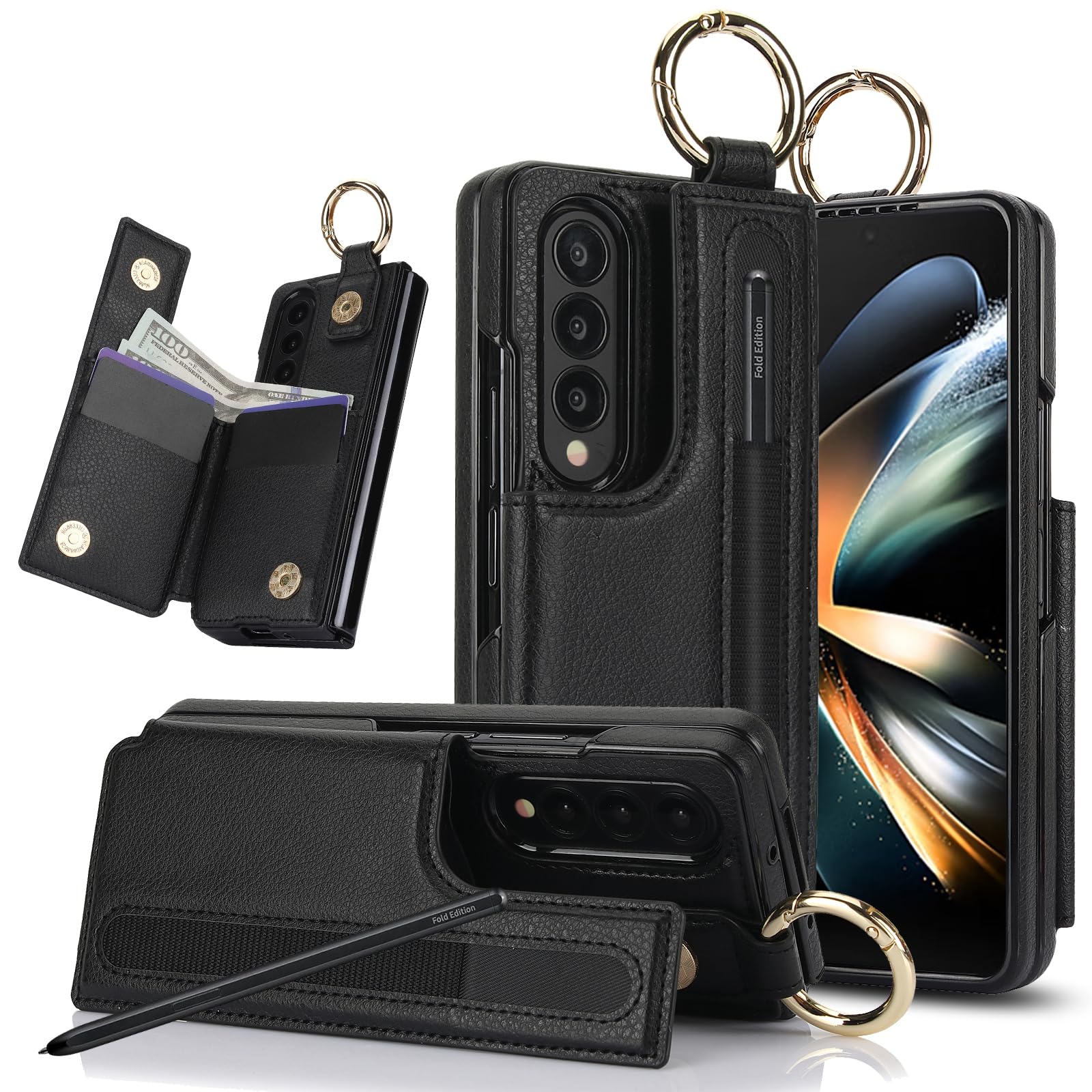 Phone Case for Samsung Galaxy Z Fold 3 5G 2021 Wallet Cover with S Pen SPen Slot Credit Card Holder Stand Slim Rugged Mobile Flip Cell Accessories ZFold3 Z3 Fold3 3Z ZFold35G Women Men Black